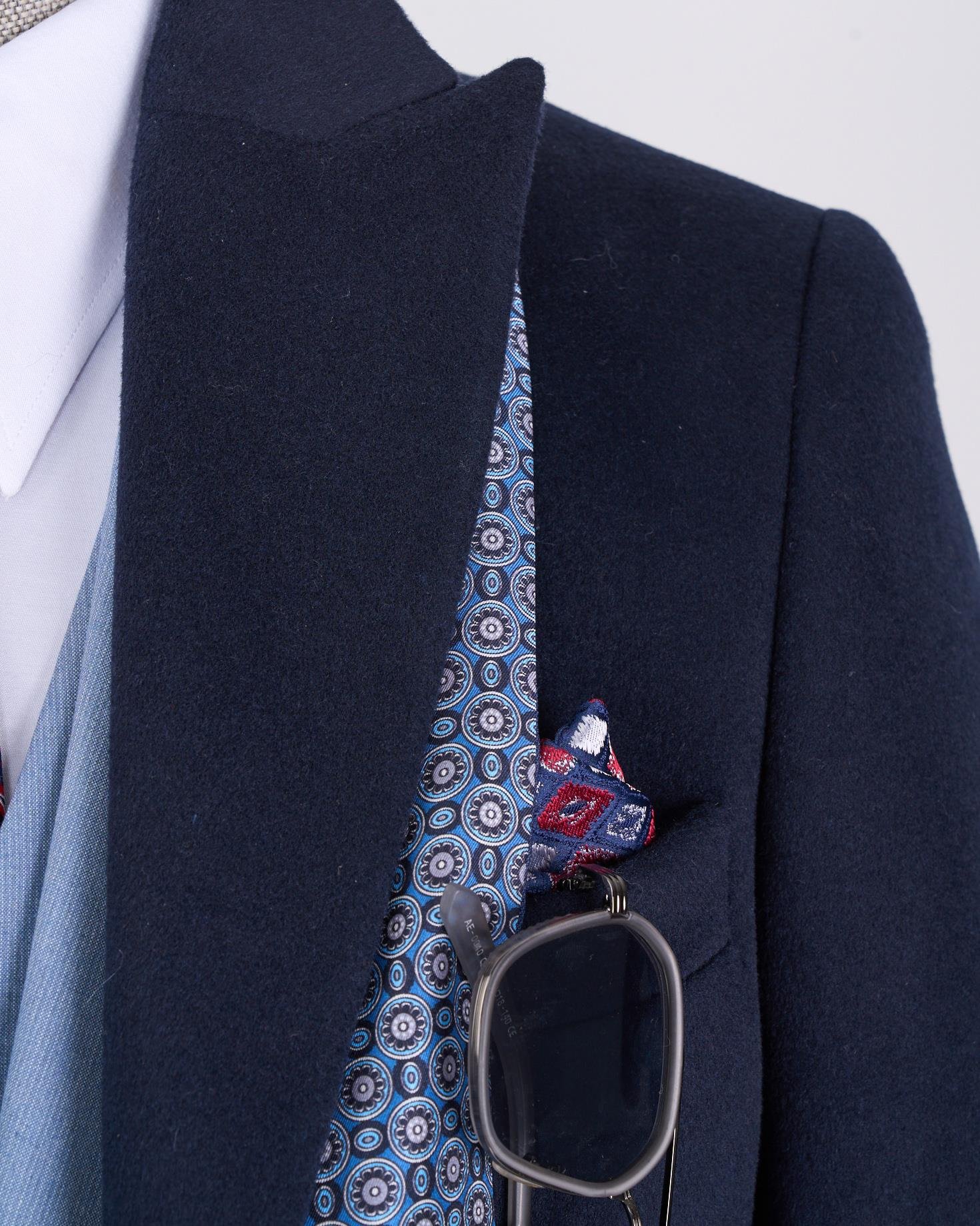 İtalyan stil slim fit sivri yaka yün karışımlı kaşe erkek kaban lacivert T13364