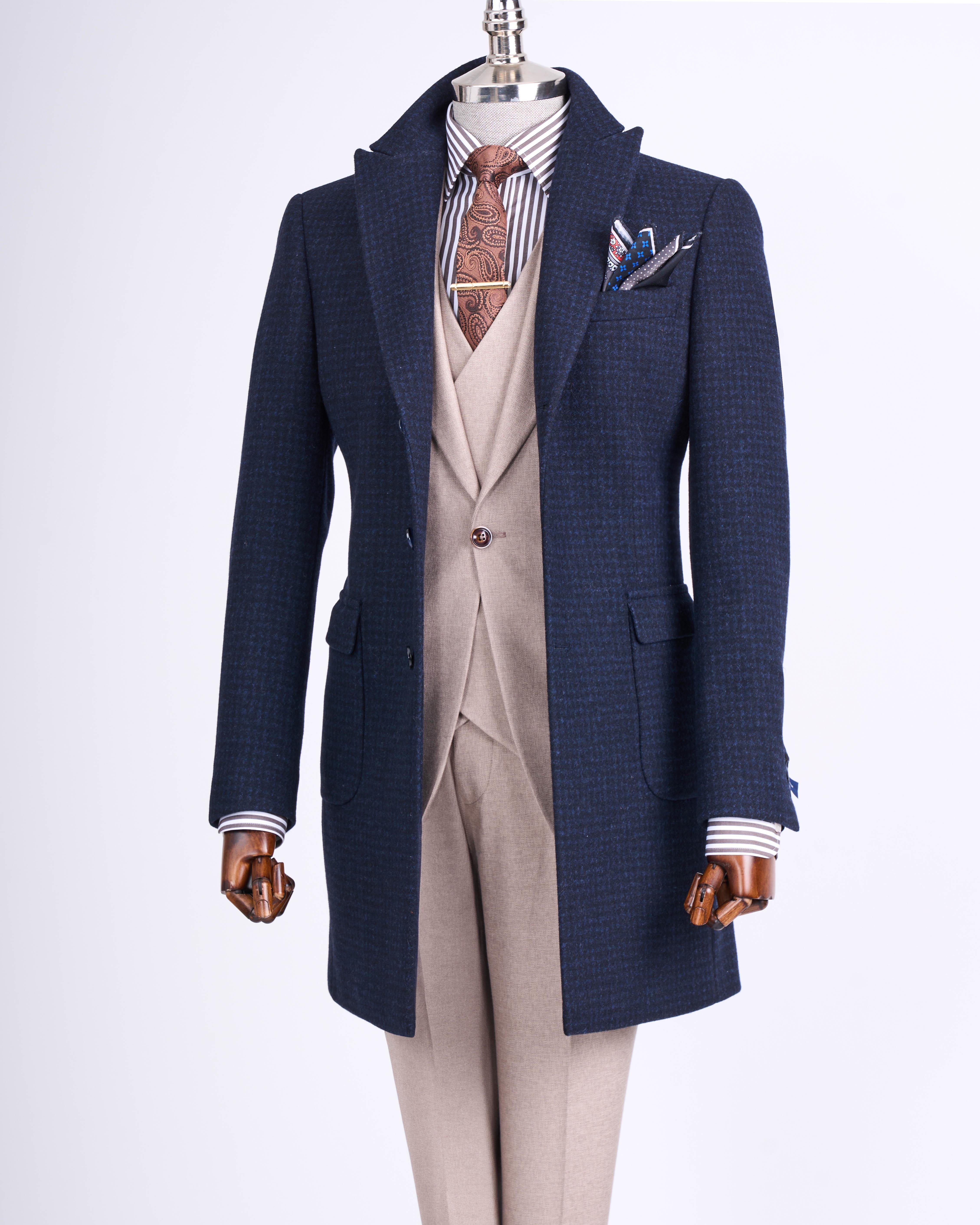 İtalyan stil slim fit sivri yaka yün karışımlı kaşe erkek kaban lacivert T13442