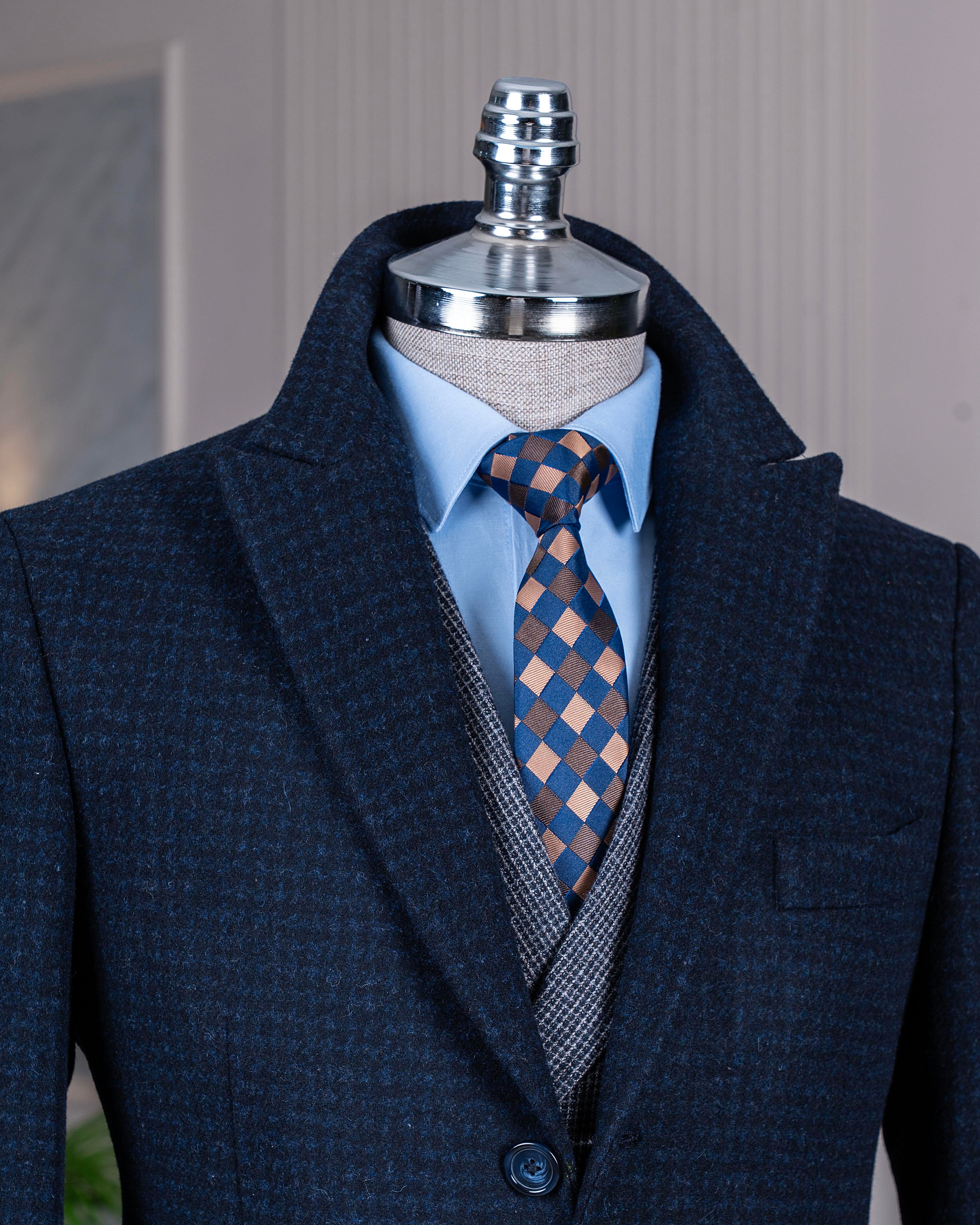 İtalyan stil slim fit sivri yaka yün karışımlı kaşe erkek kaban lacivert T13442