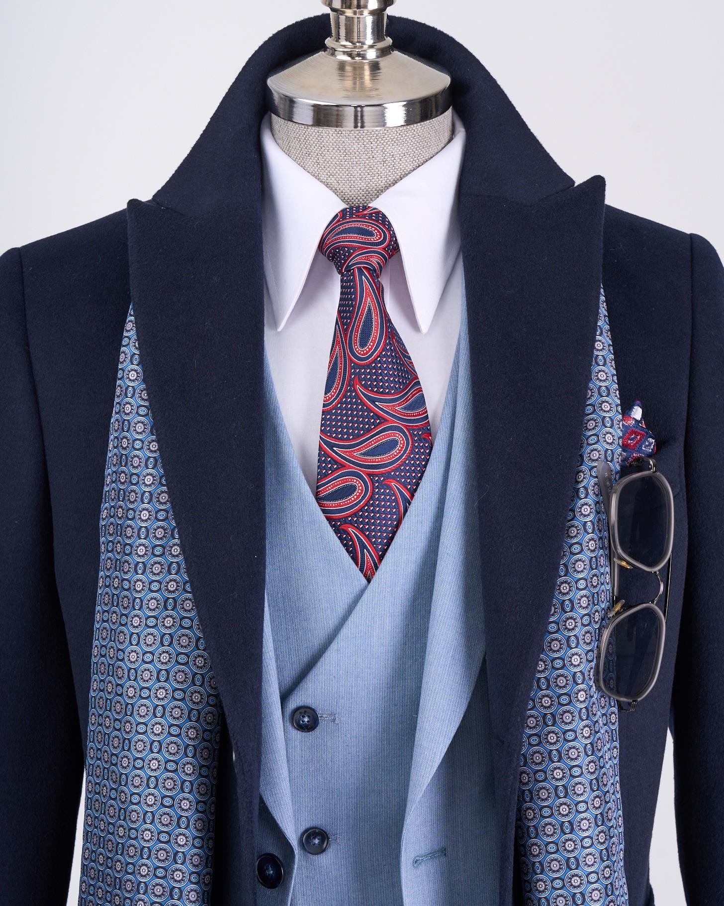 İtalyan stil slim fit sivri yaka yün karışımlı kaşe erkek kaban lacivert T13364