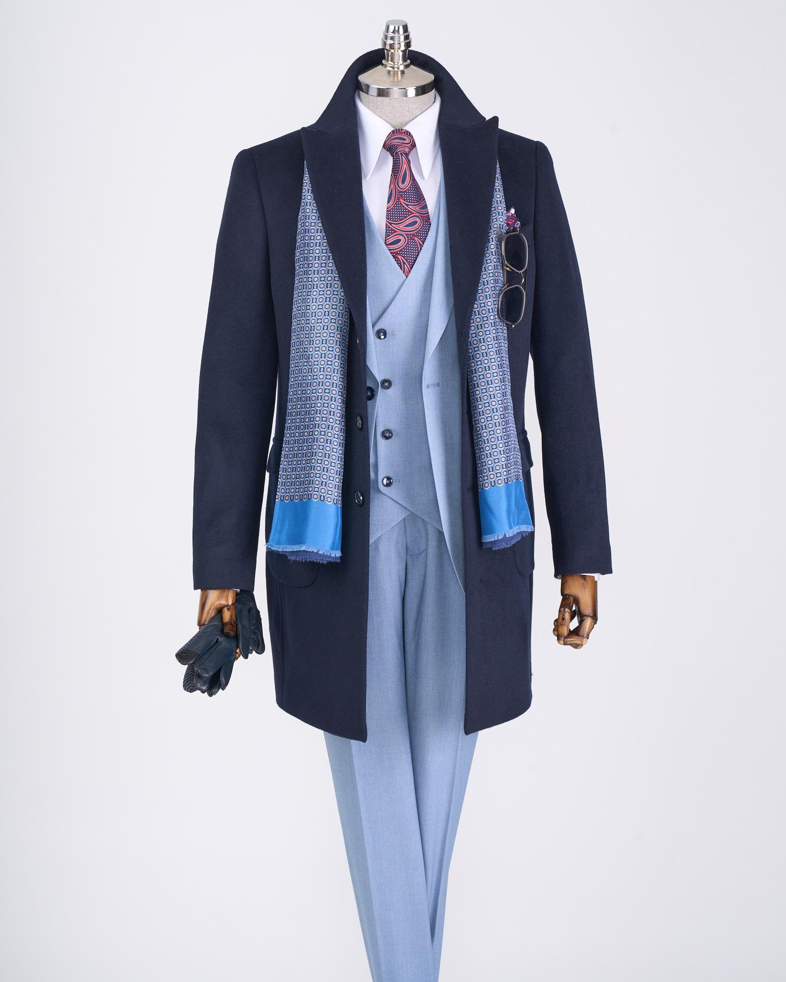 İtalyan stil slim fit sivri yaka yün karışımlı kaşe erkek kaban lacivert T13364