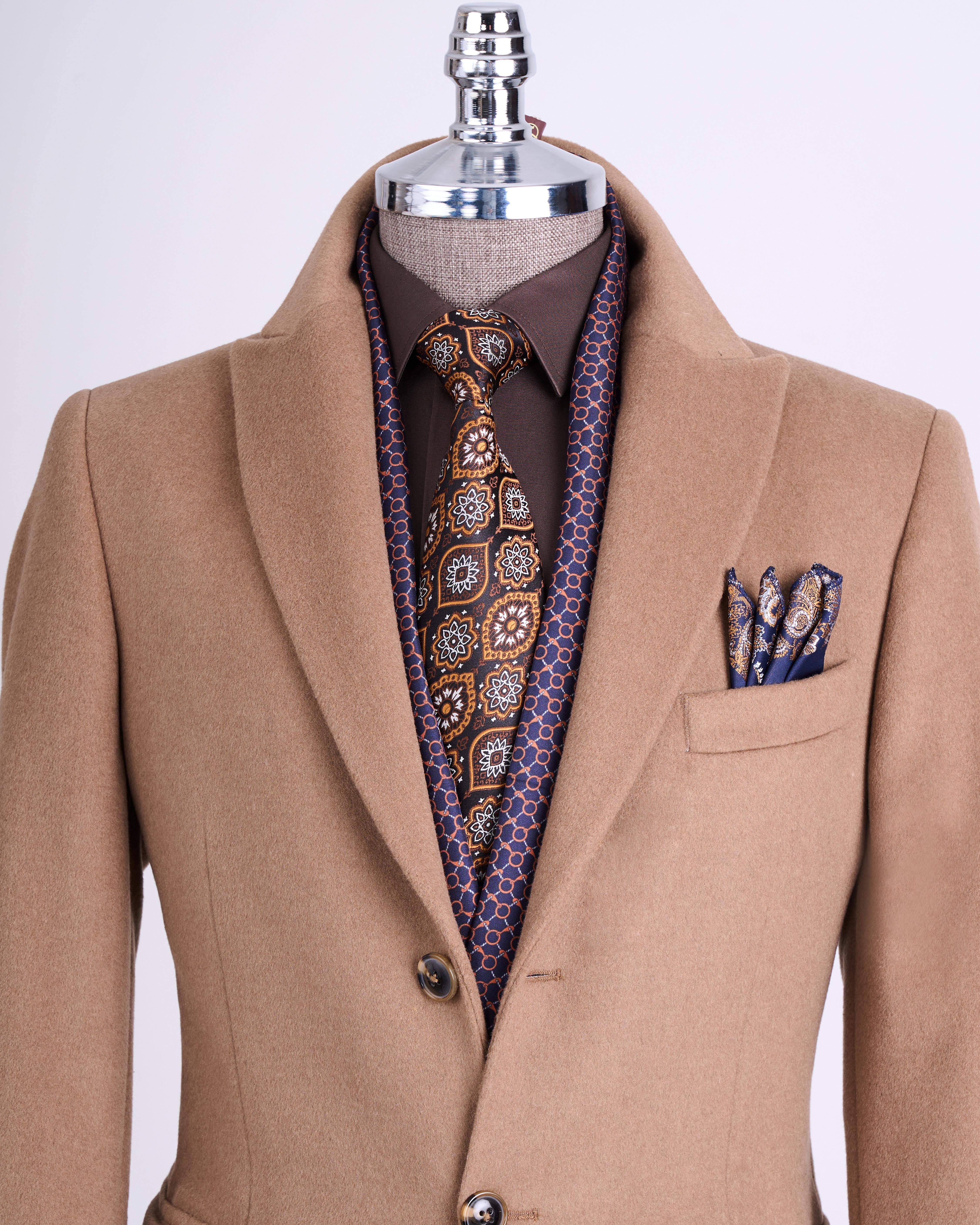 İtalyan stil slim fit sivri yaka yün karışımlı kaşe erkek kaban camel T13447