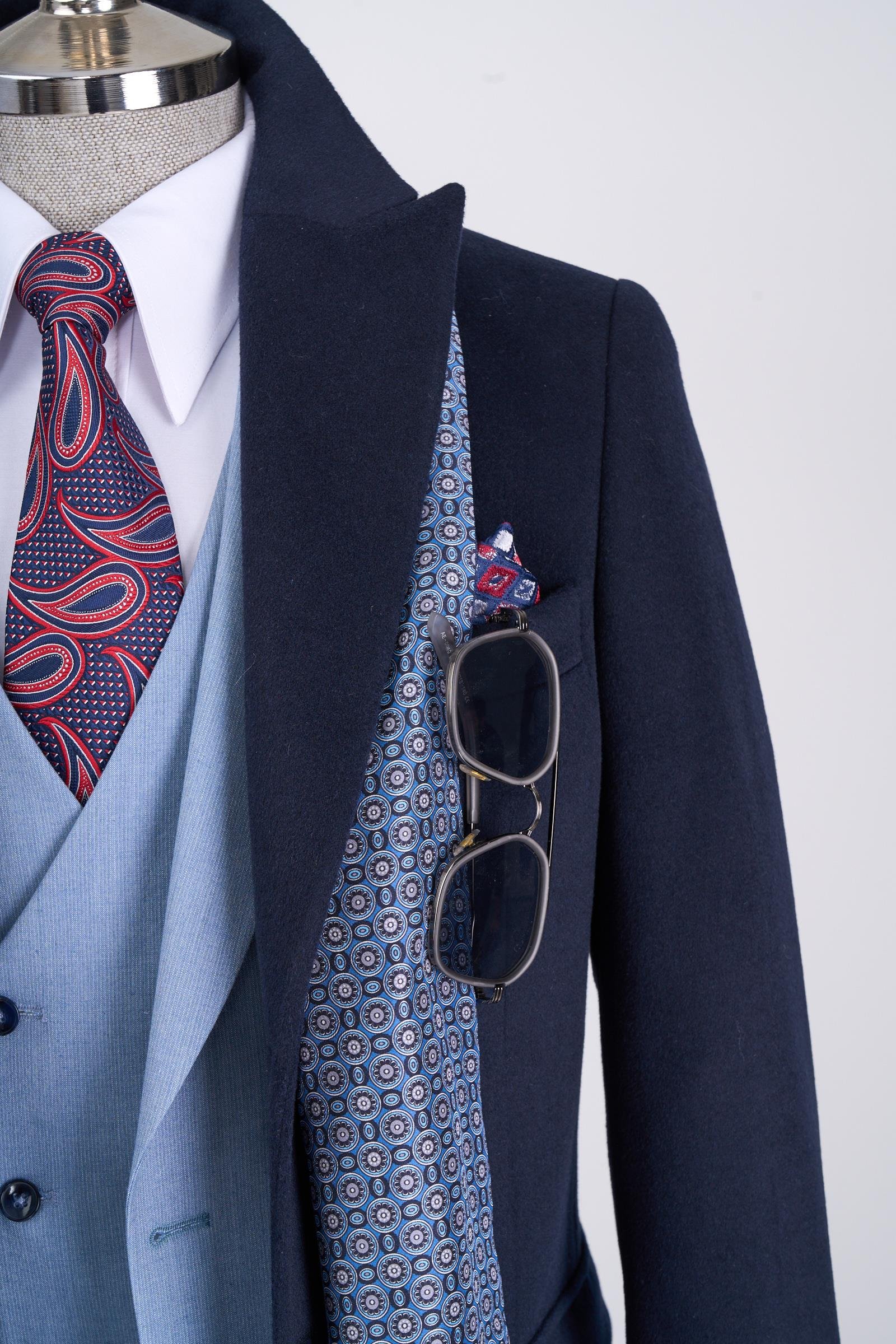 İtalyan stil slim fit sivri yaka yün karışımlı kaşe erkek kaban lacivert T13364