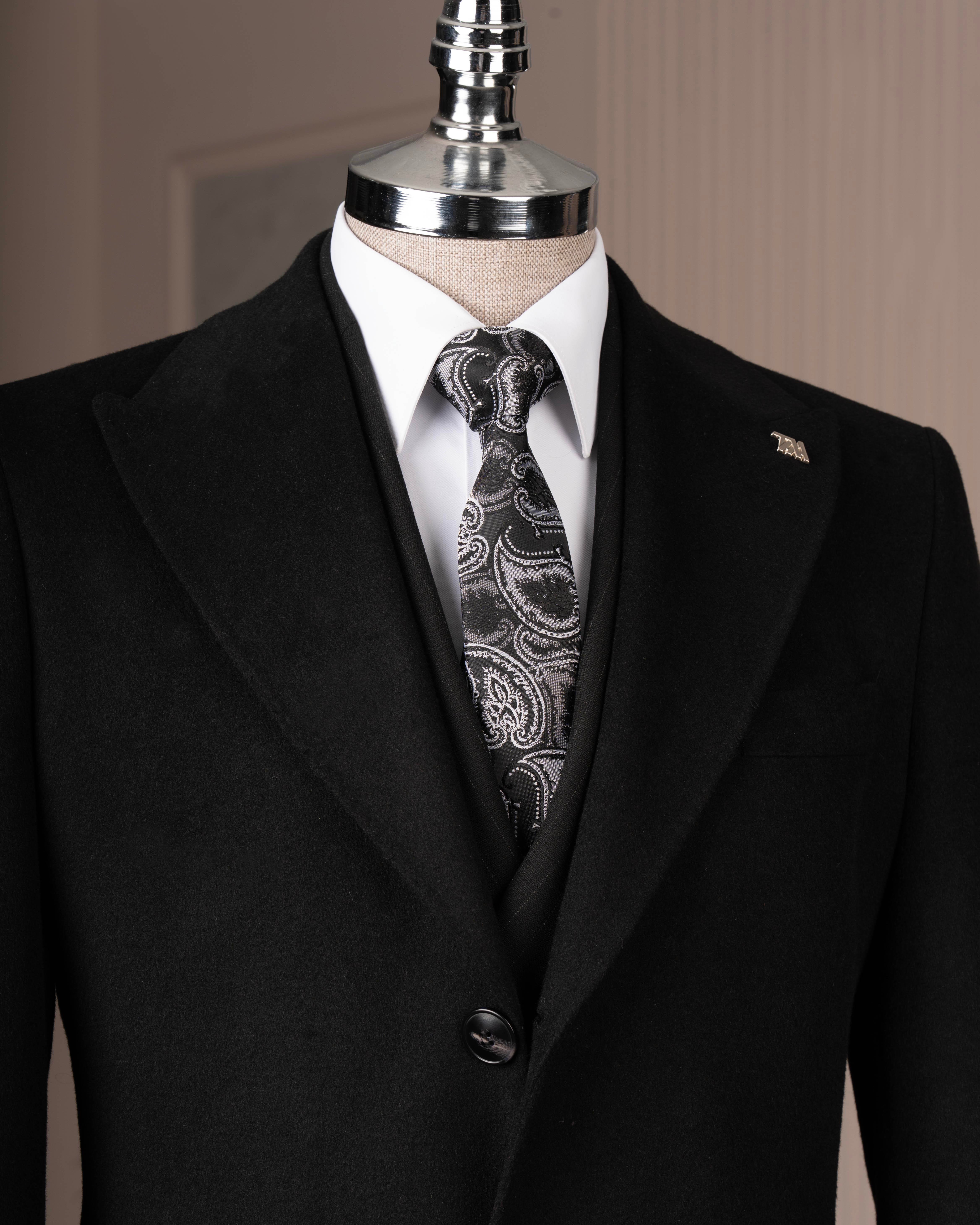 İtalyan stil slim fit sivri yaka yün karışımlı kaşe erkek kaban siyah T14721