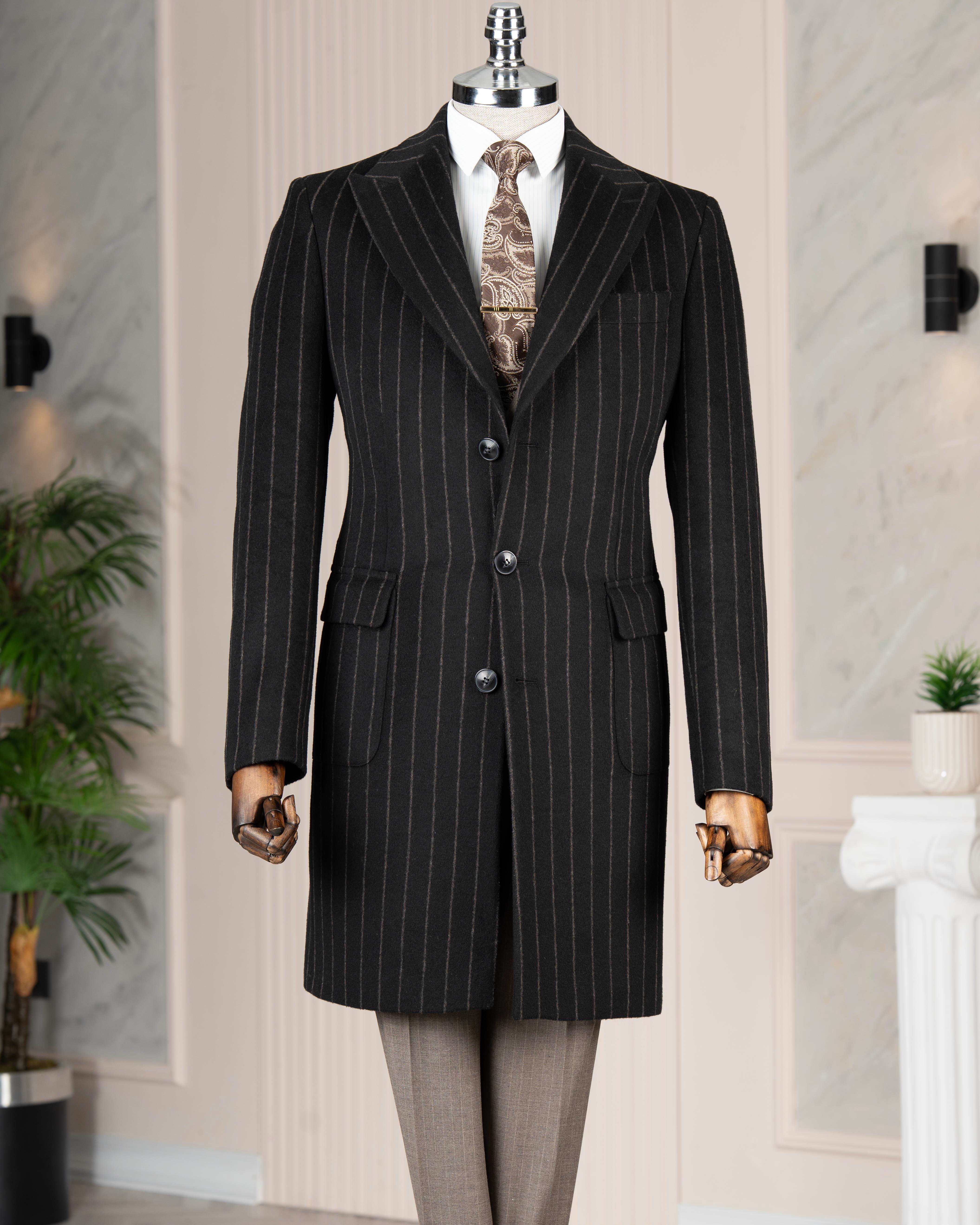 İtalyan stil slim fit sivri yaka yün karışımlı kaşe erkek kaban siyah T14717