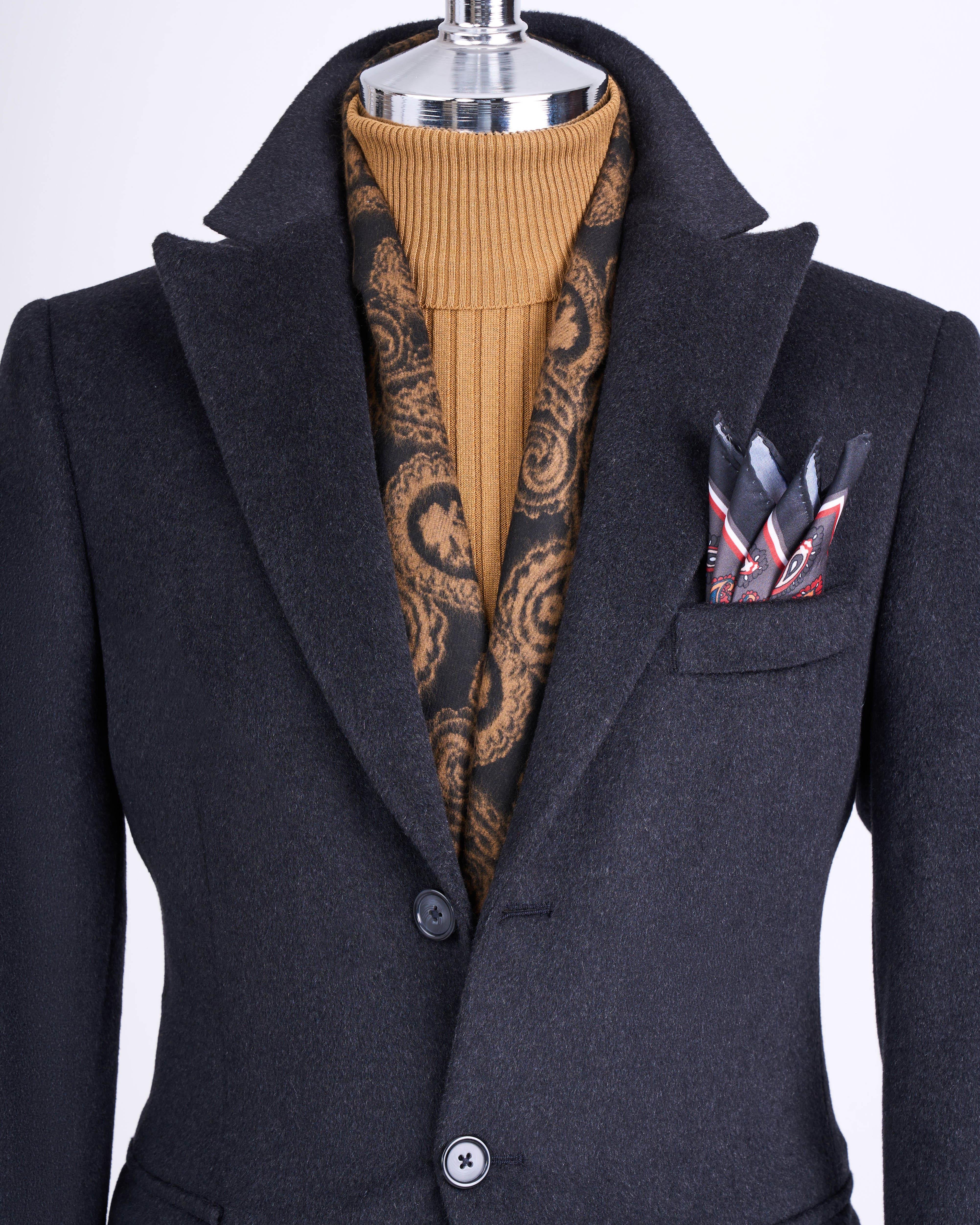 İtalyan stil slim fit sivri yaka yün karışımlı kaşe erkek kaban antrasit T13444