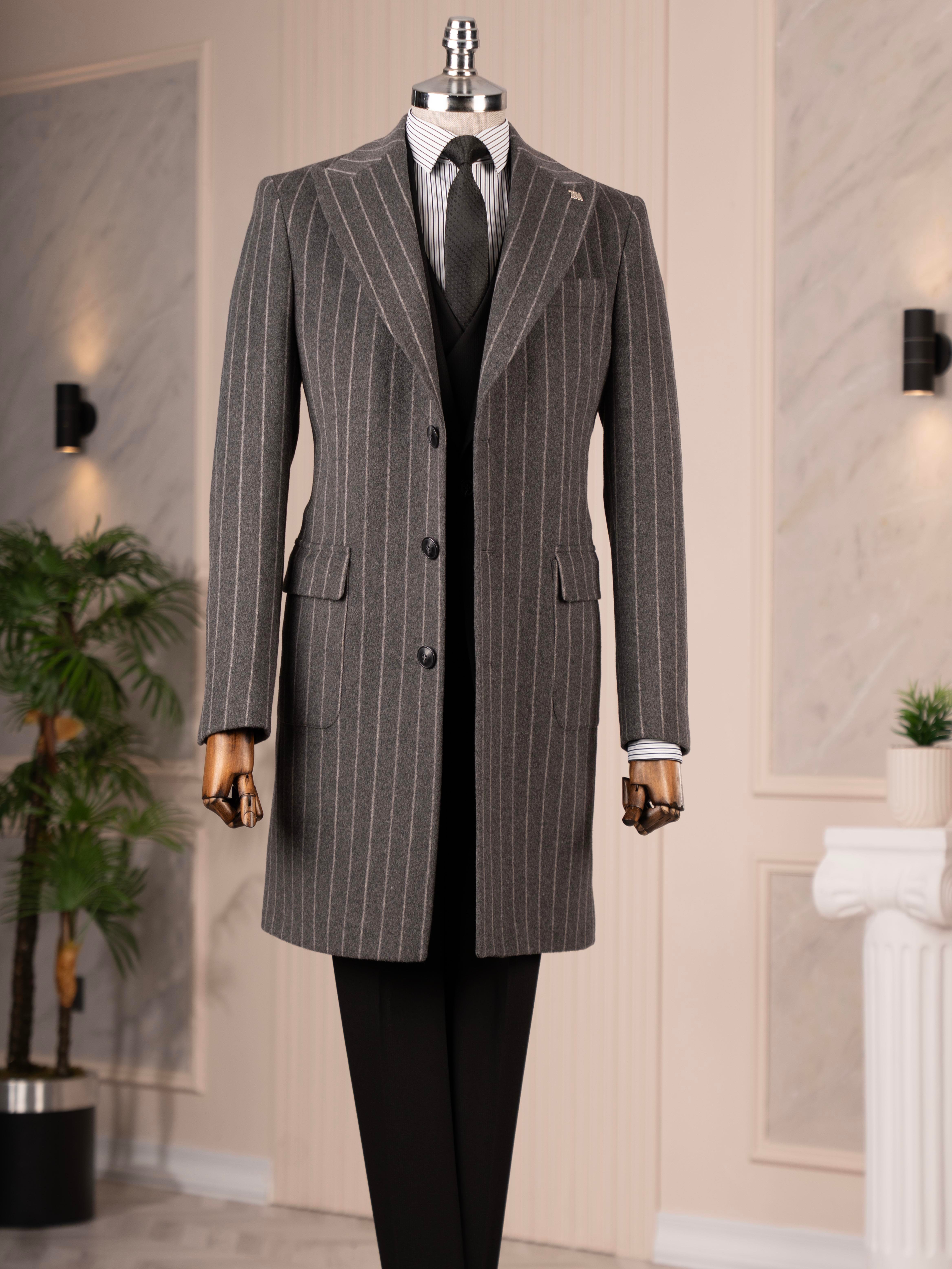 İtalyan stil slim fit sivri yaka yün karışımlı kaşe erkek kaban antrasit T14718