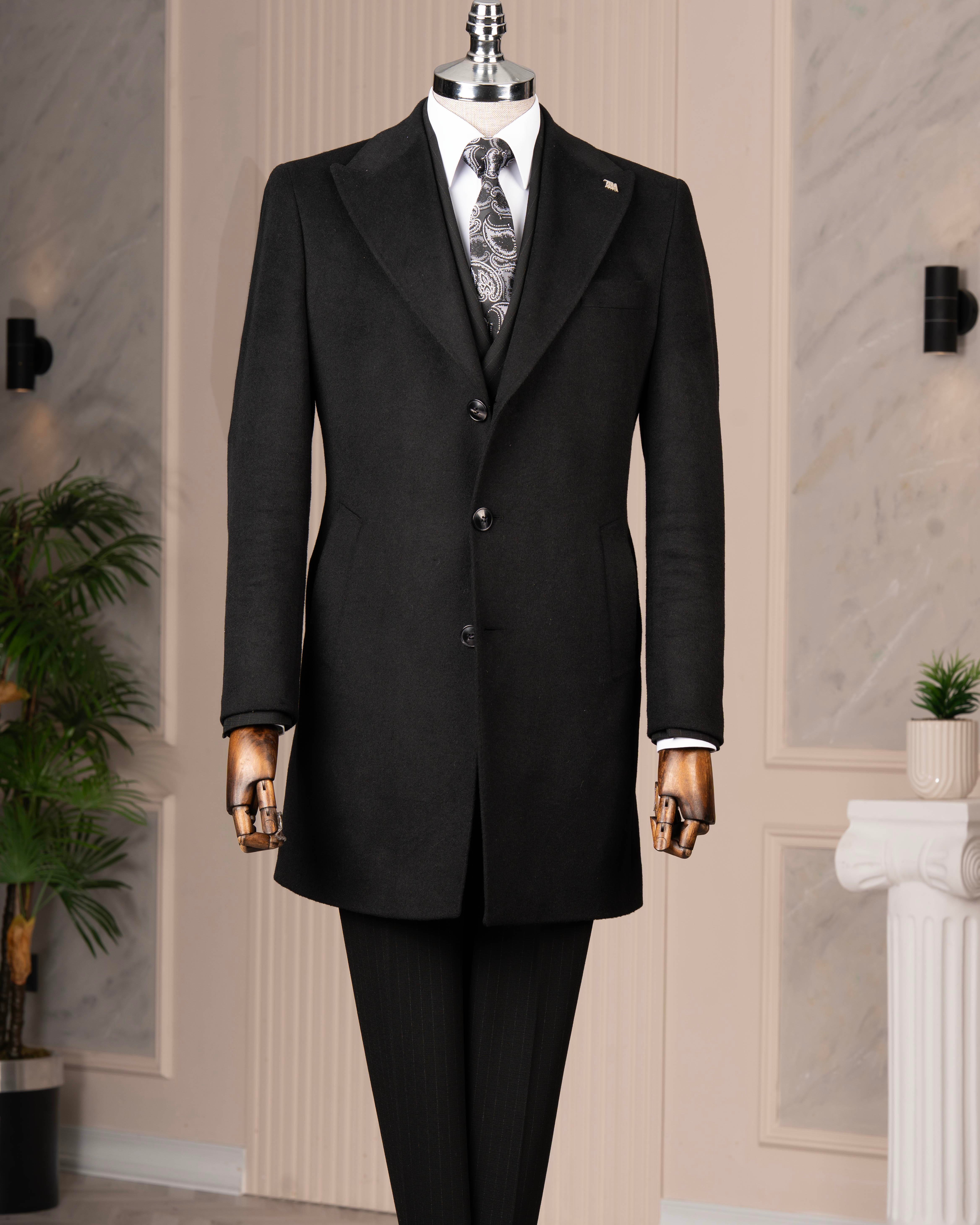 İtalyan stil slim fit sivri yaka yün karışımlı kaşe erkek kaban siyah T14721