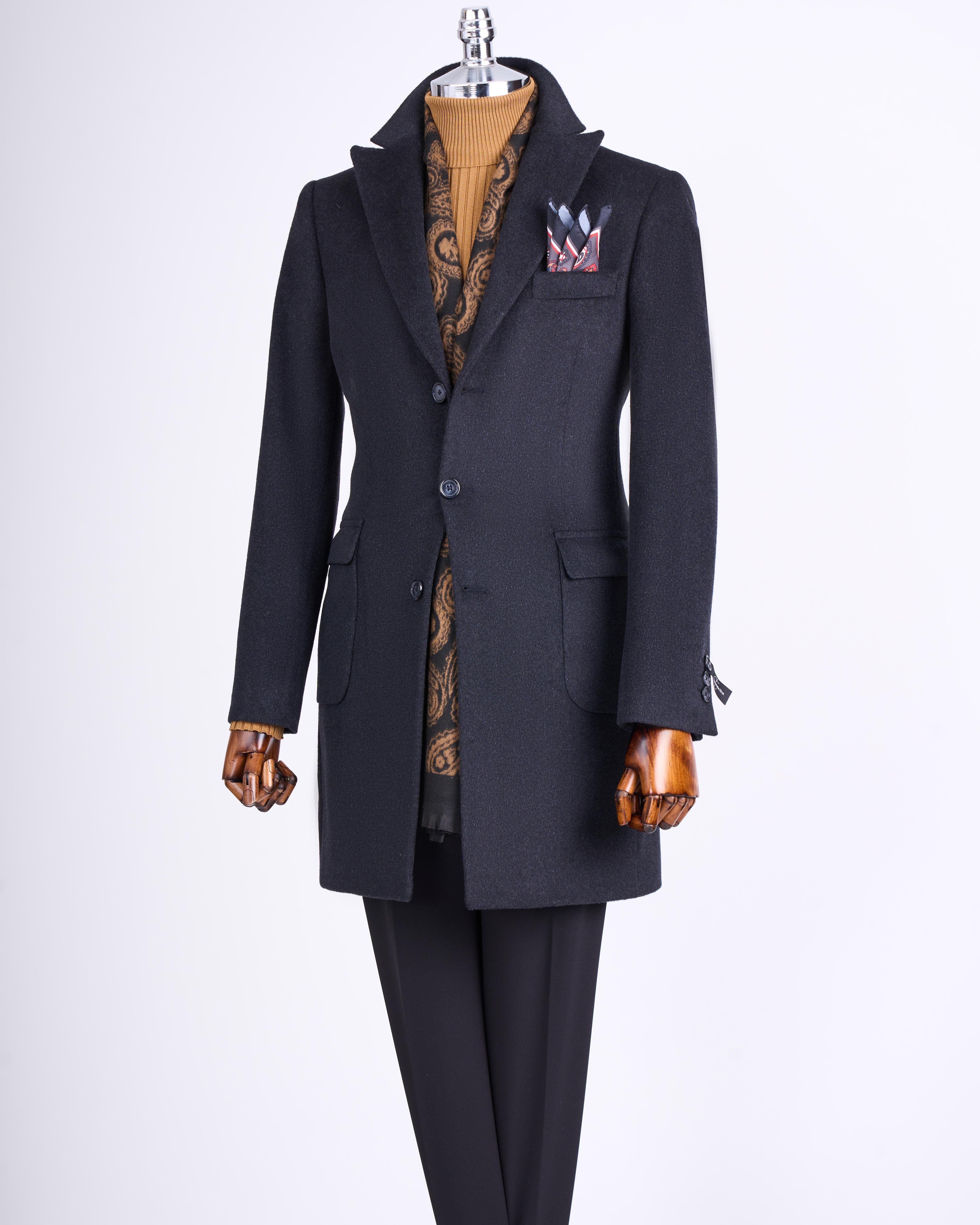 İtalyan stil slim fit sivri yaka yün karışımlı kaşe erkek kaban antrasit T13444