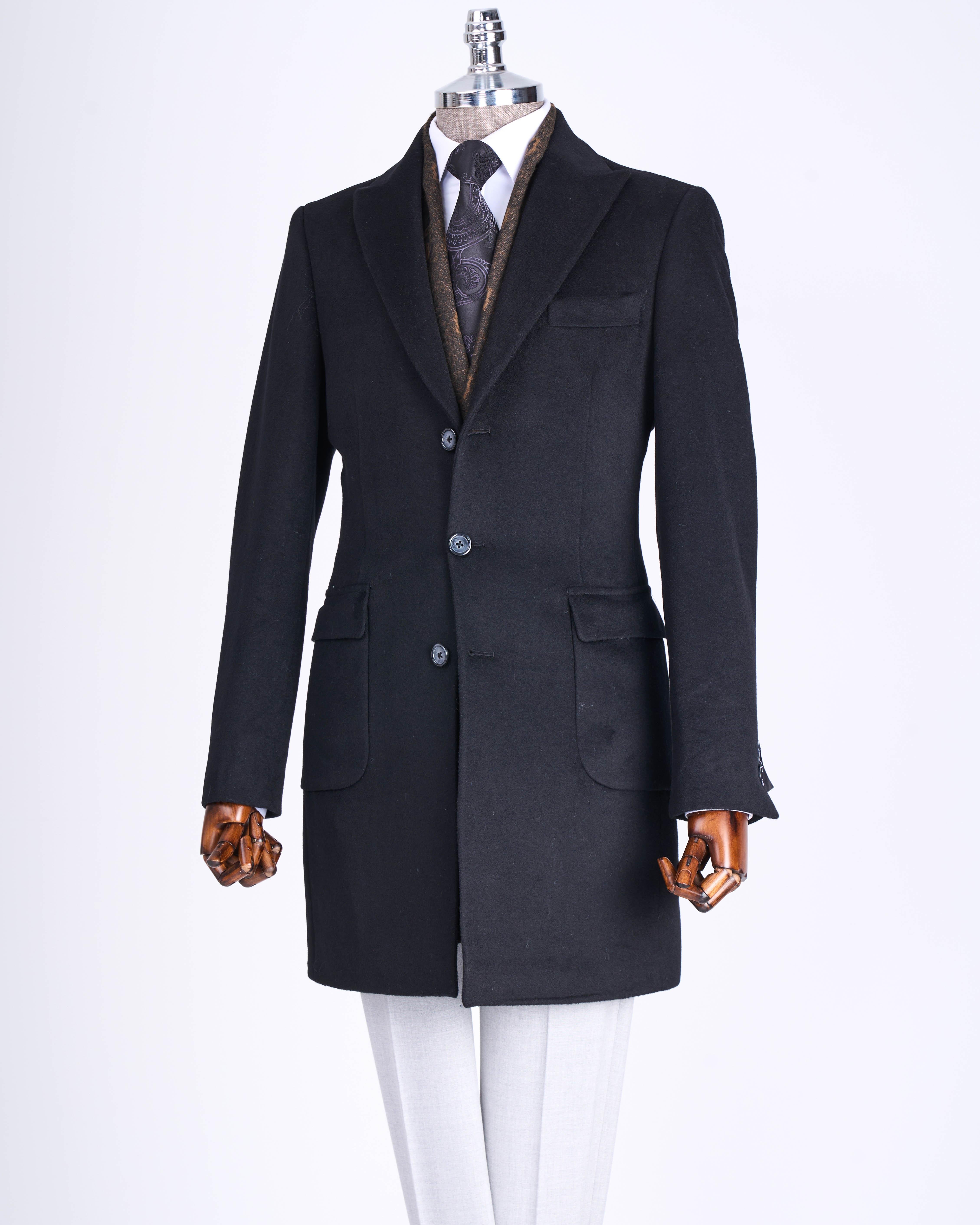 İtalyan stil slim fit sivri yaka yün karışımlı kaşe erkek kaban siyah T13363