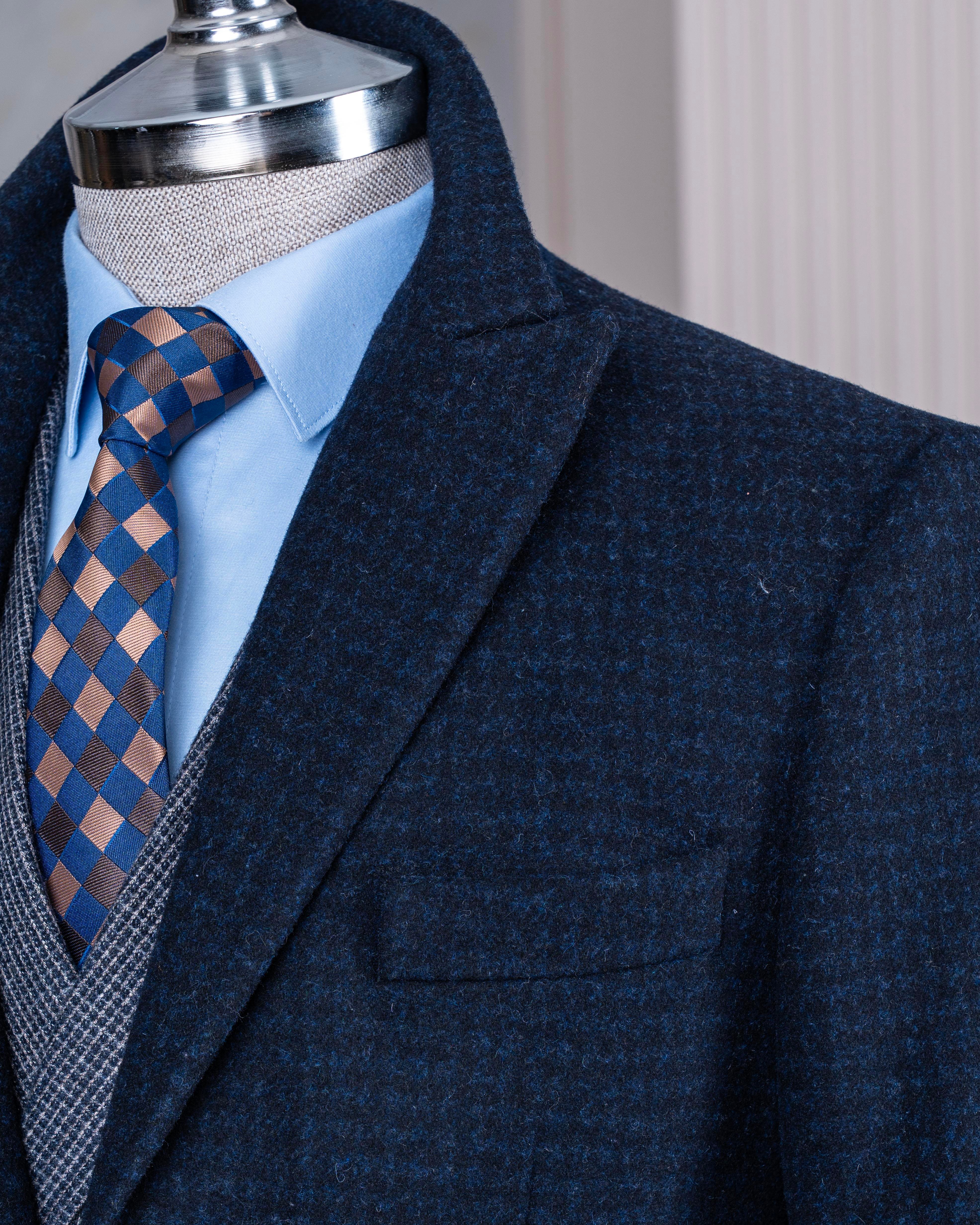 İtalyan stil slim fit sivri yaka yün karışımlı kaşe erkek kaban lacivert T13442