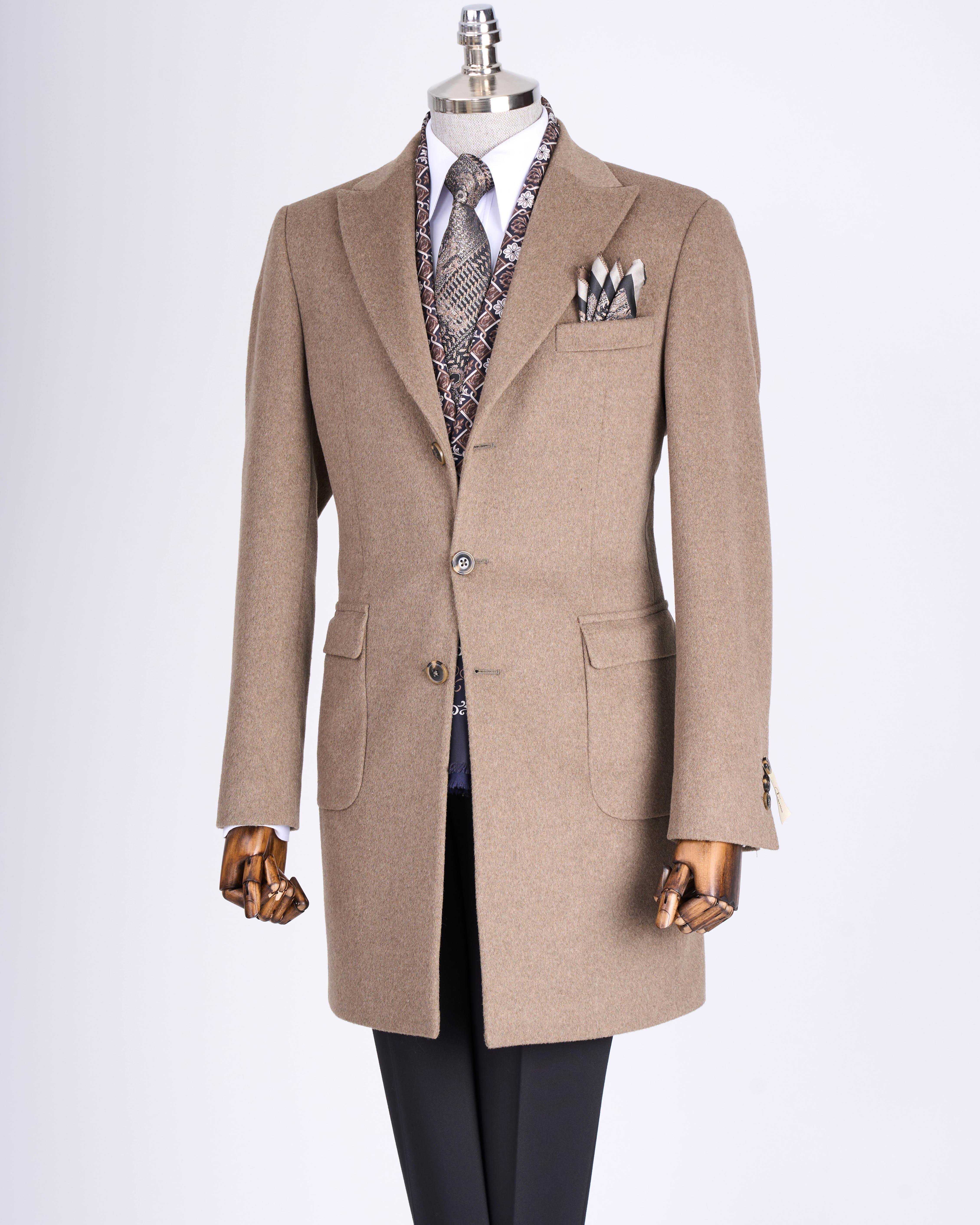 İtalyan stil slim fit sivri yaka yün karışımlı kaşe erkek kaban vizon T13366