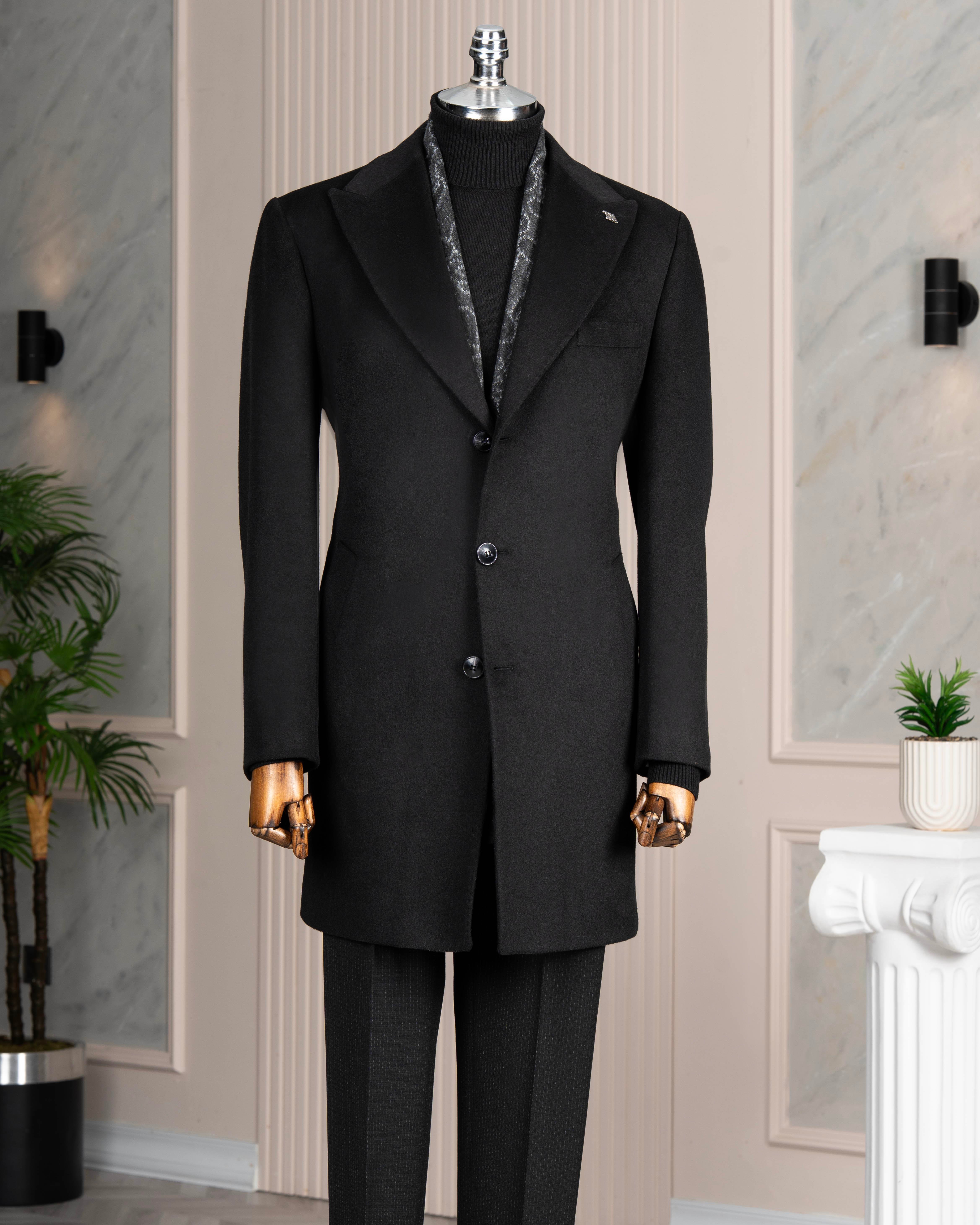 İtalyan stil slim fit sivri yaka yün karışımlı kaşe erkek kaban siyah T14721