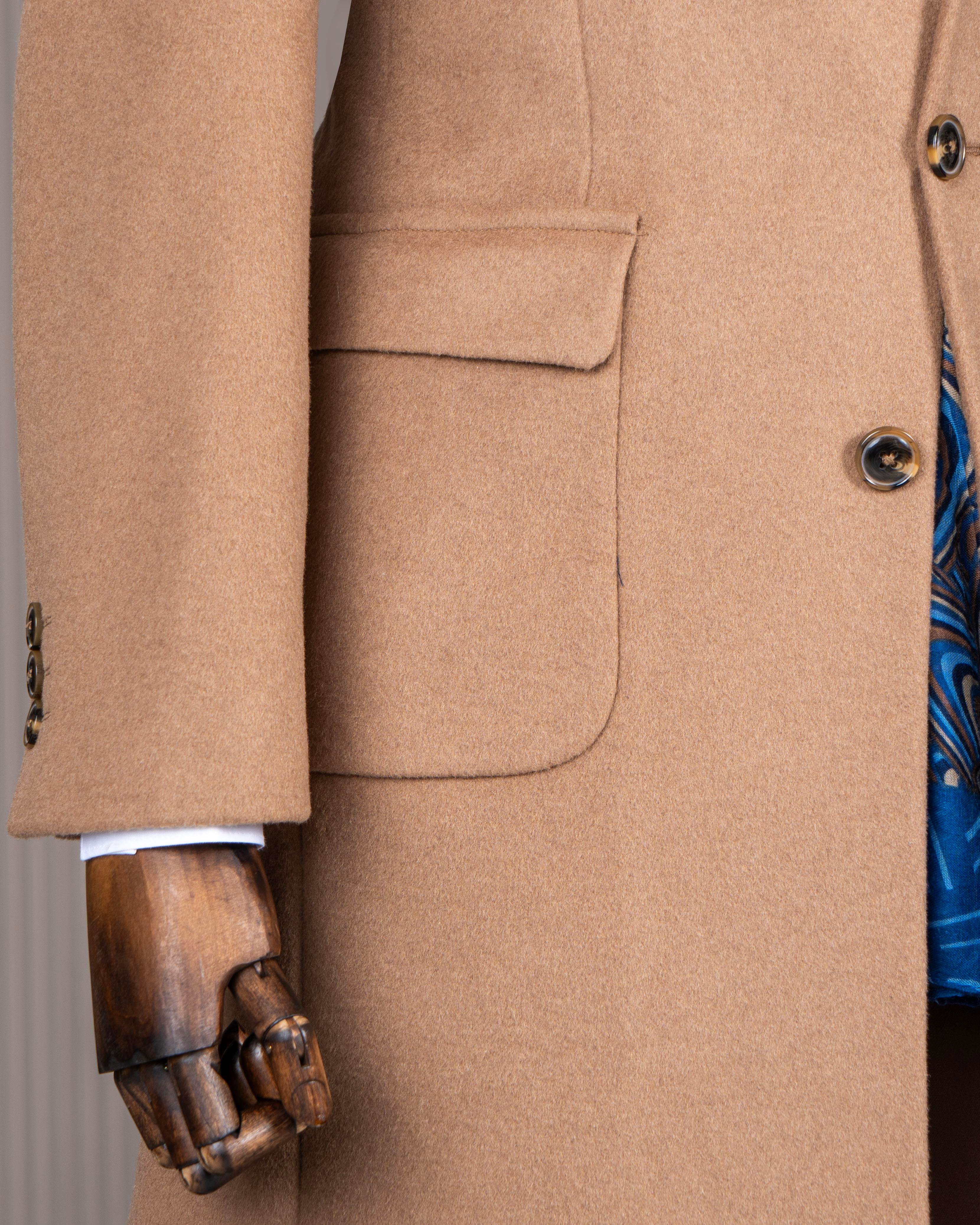 İtalyan stil slim fit sivri yaka yün karışımlı kaşe erkek kaban camel T13447