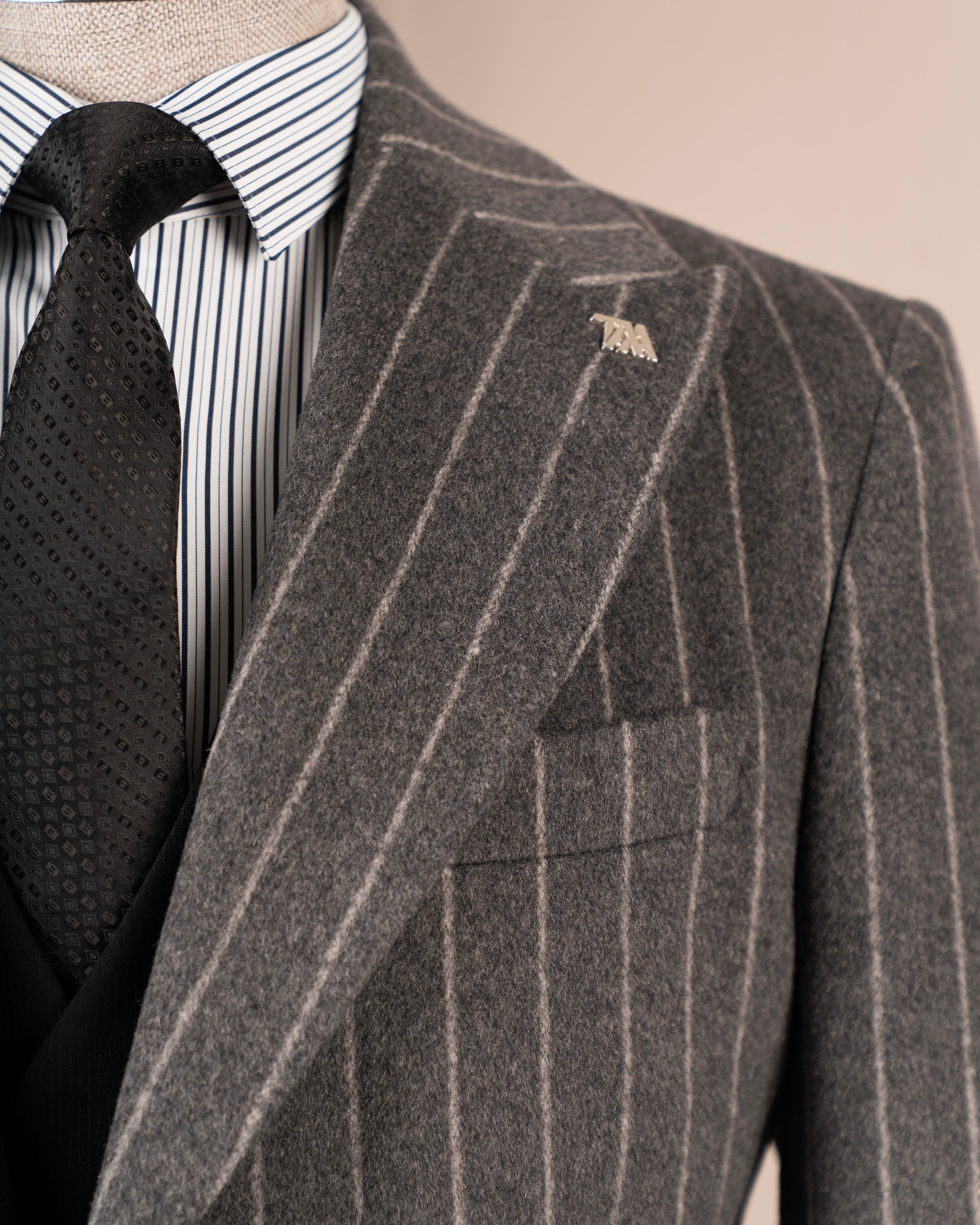 İtalyan stil slim fit sivri yaka yün karışımlı kaşe erkek kaban antrasit T14718