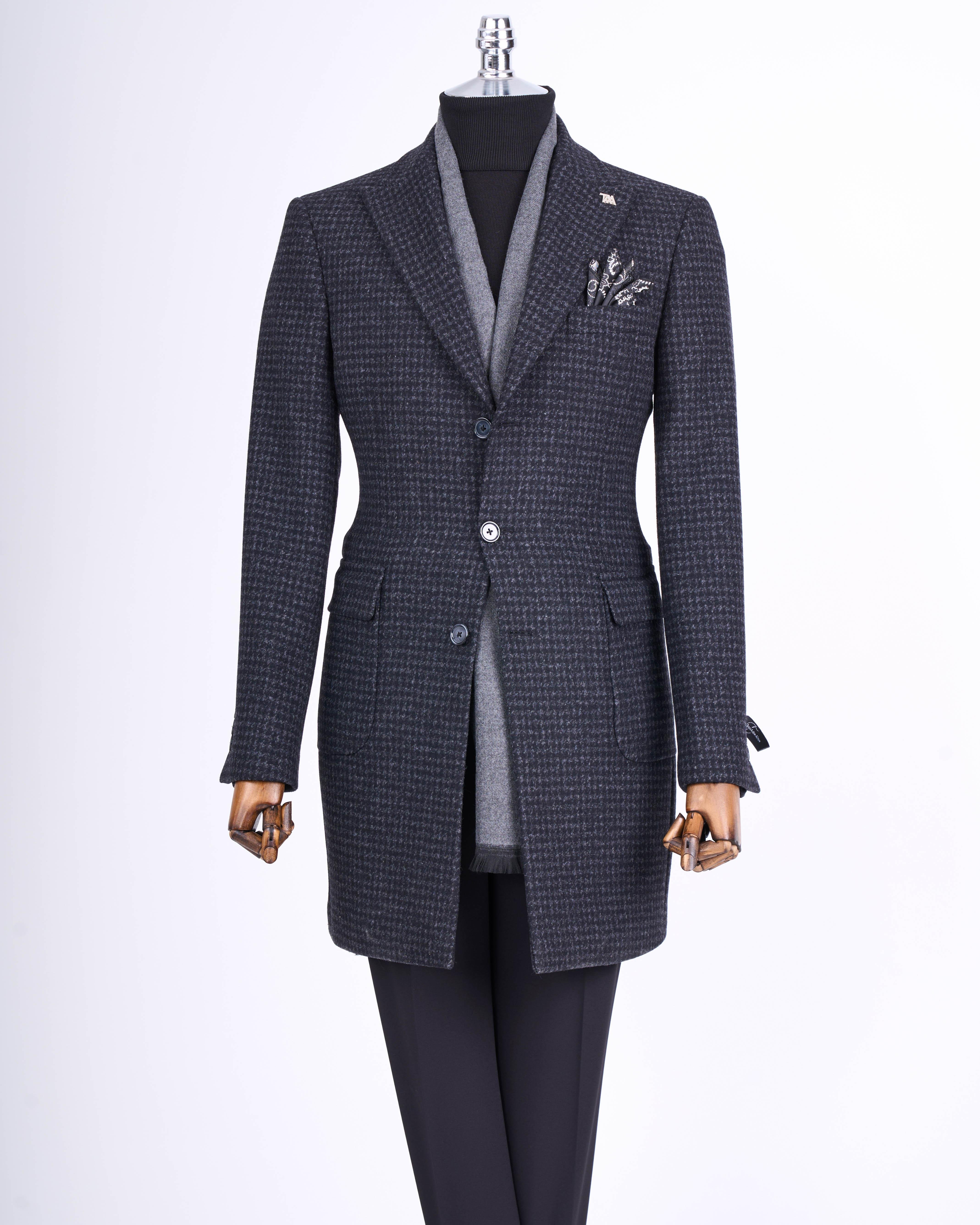 İtalyan stil slim fit sivri yaka yün karışımlı kaşe erkek kaban antrasit T13457