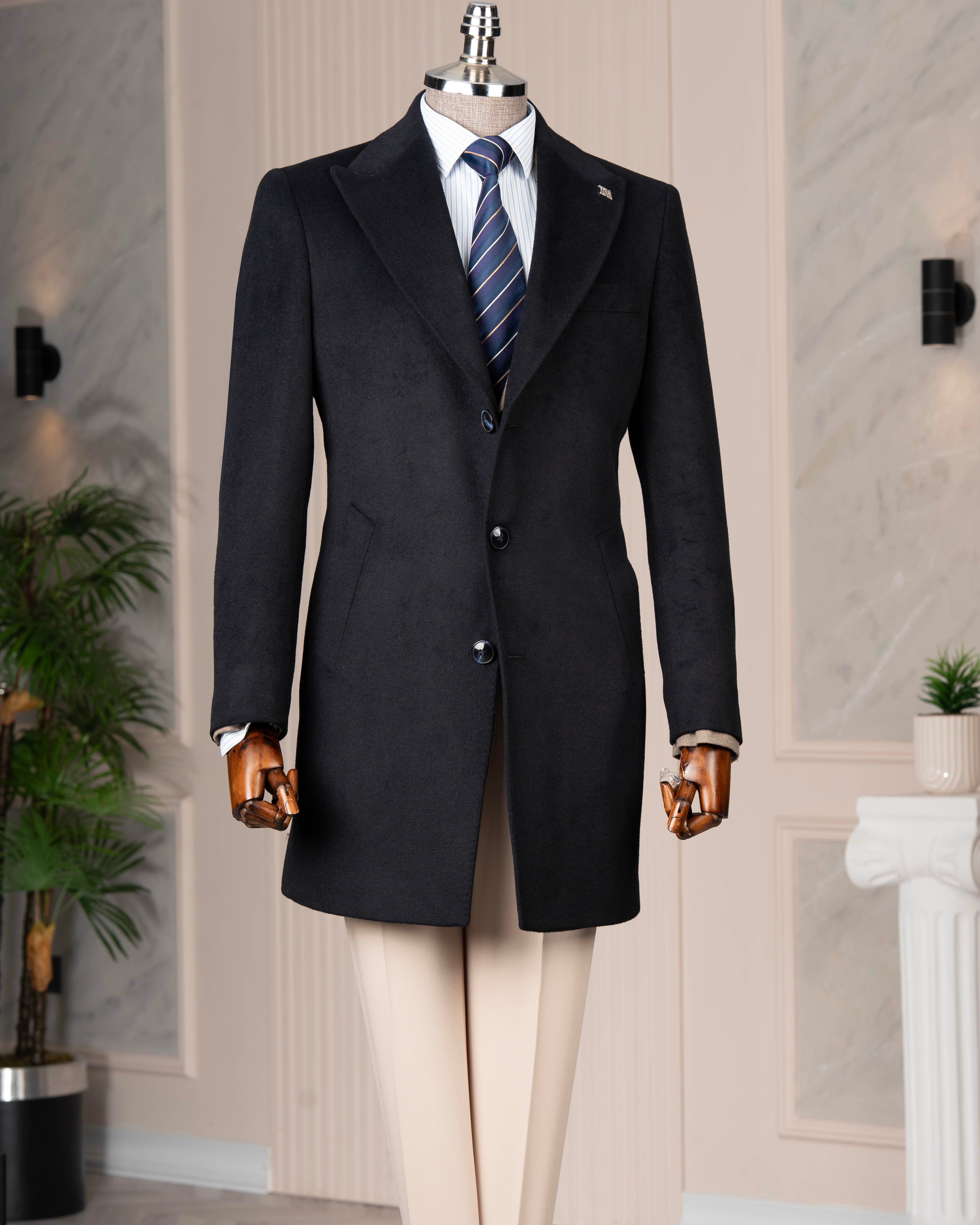 İtalyan stil slim fit sivri yaka yün karışımlı kaşe erkek kaban lacivert T14722