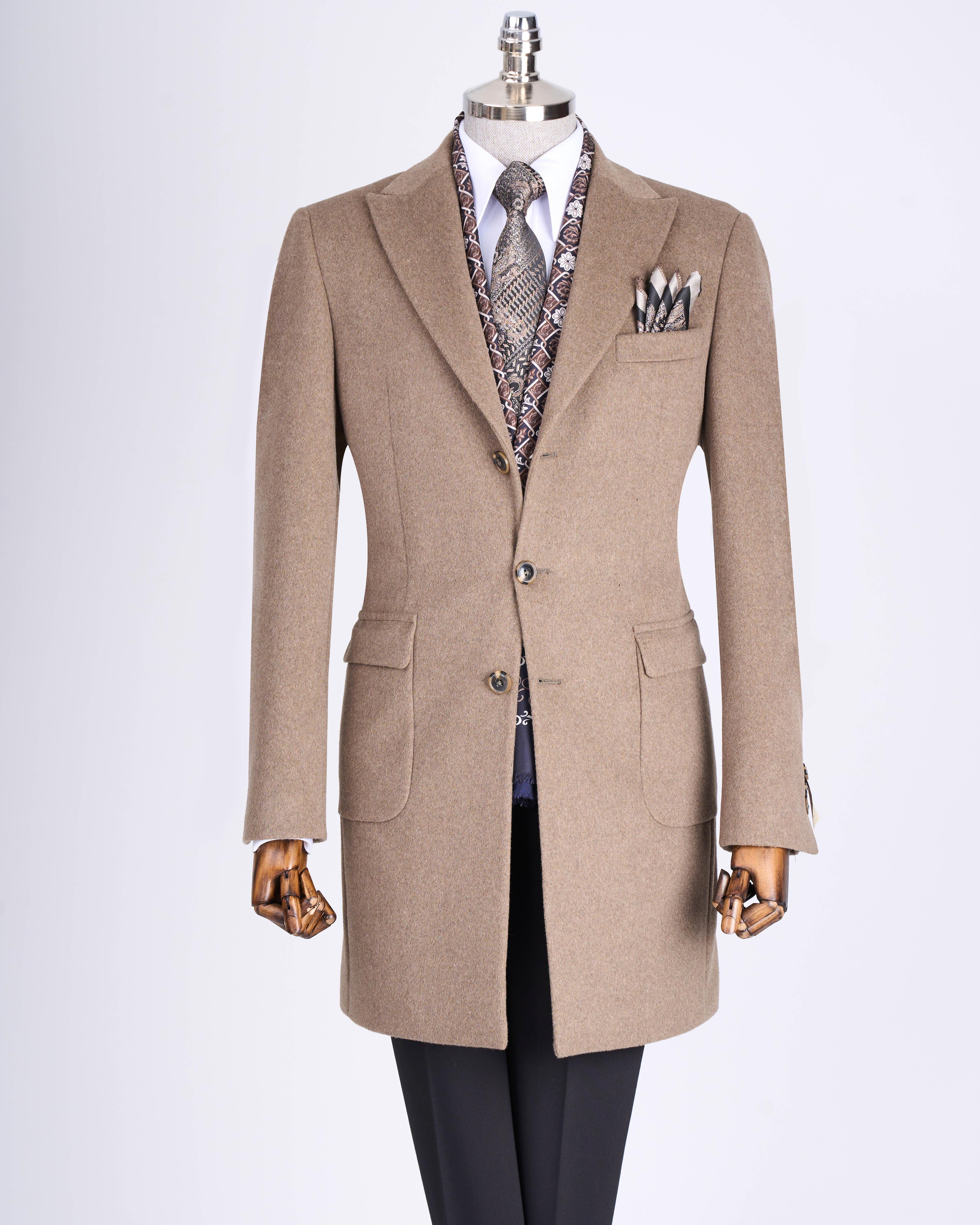İtalyan stil slim fit sivri yaka yün karışımlı kaşe erkek kaban vizon T13366