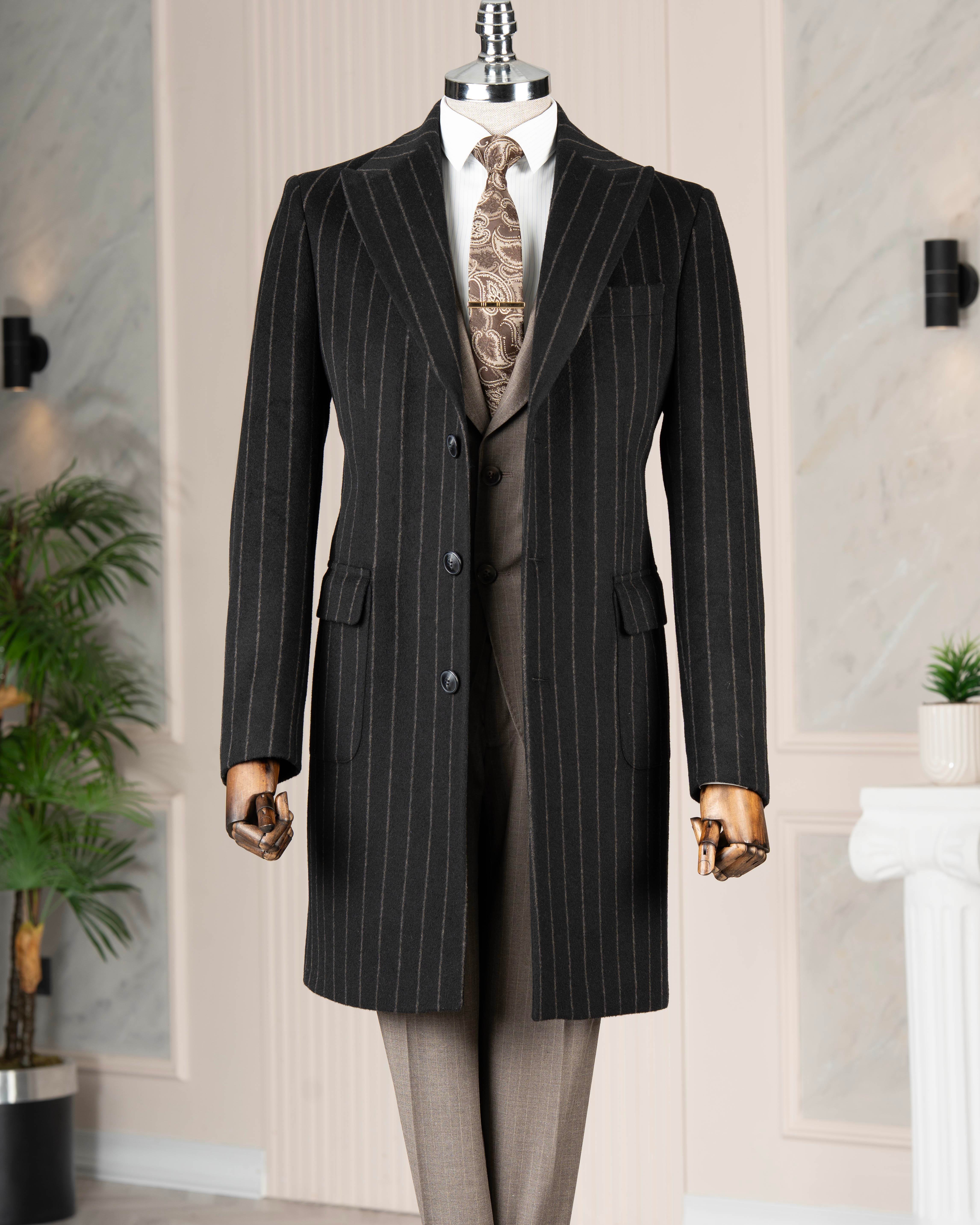 İtalyan stil slim fit sivri yaka yün karışımlı kaşe erkek kaban siyah T14717