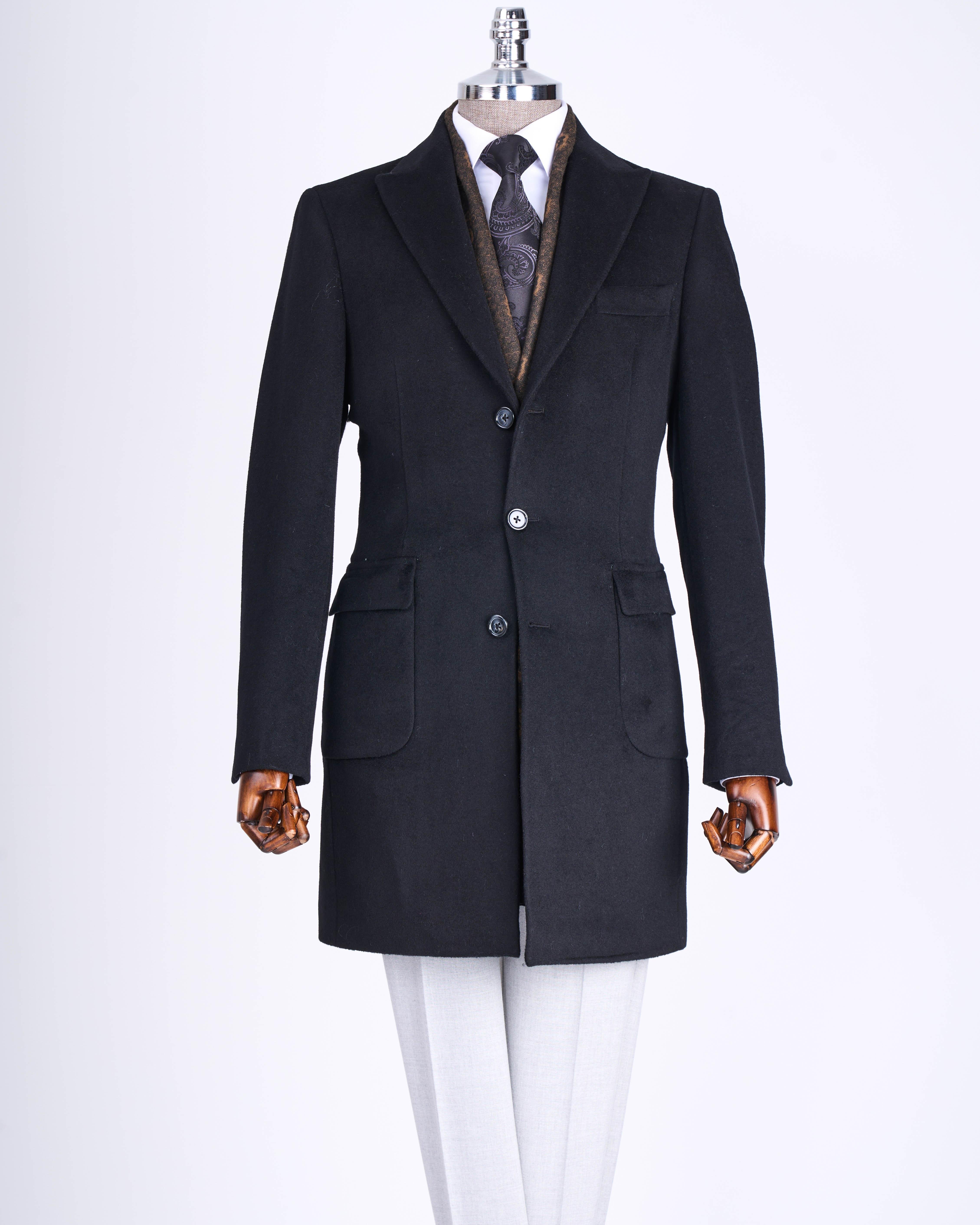 İtalyan stil slim fit sivri yaka yün karışımlı kaşe erkek kaban siyah T13363