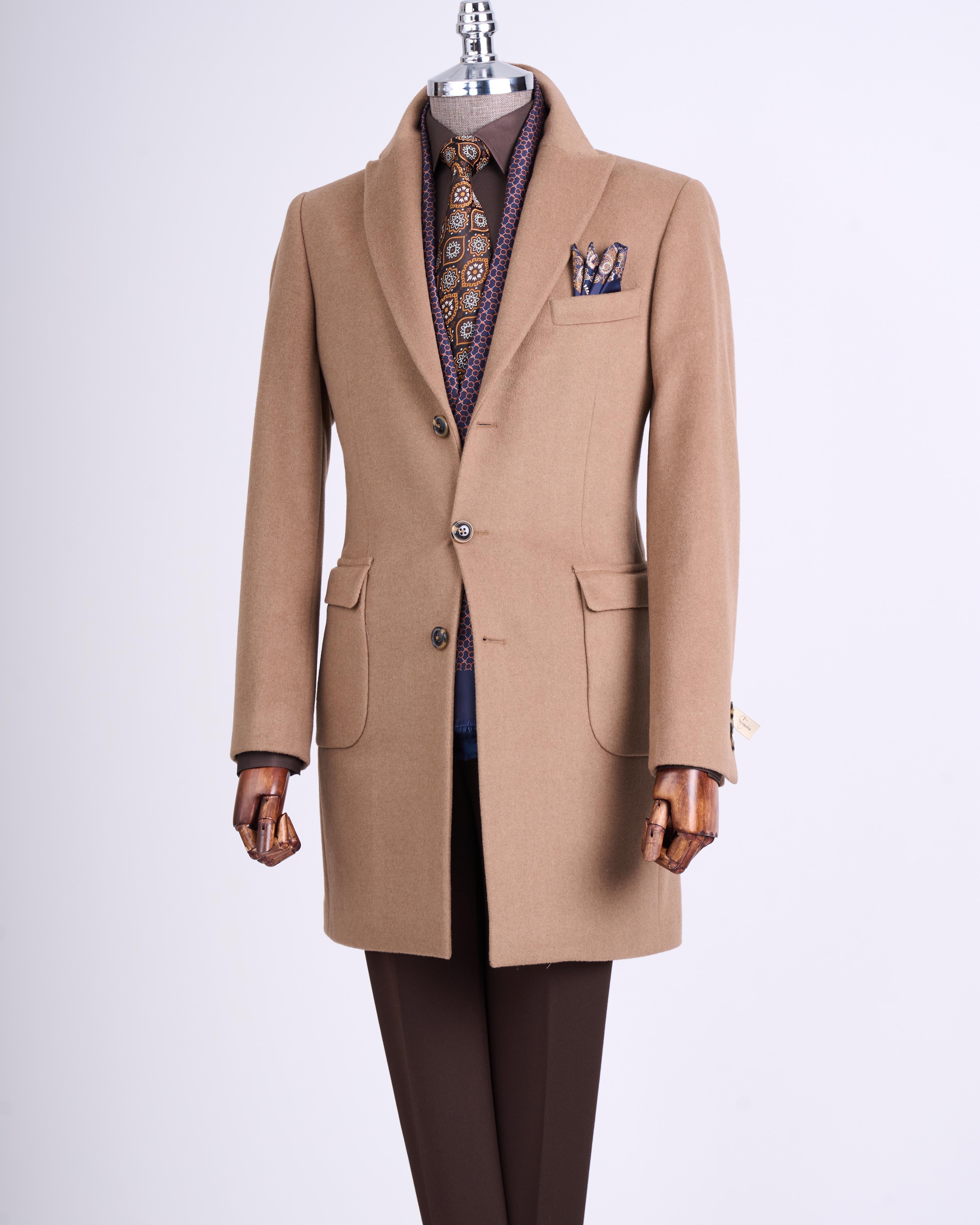 İtalyan stil slim fit sivri yaka yün karışımlı kaşe erkek kaban camel T13447
