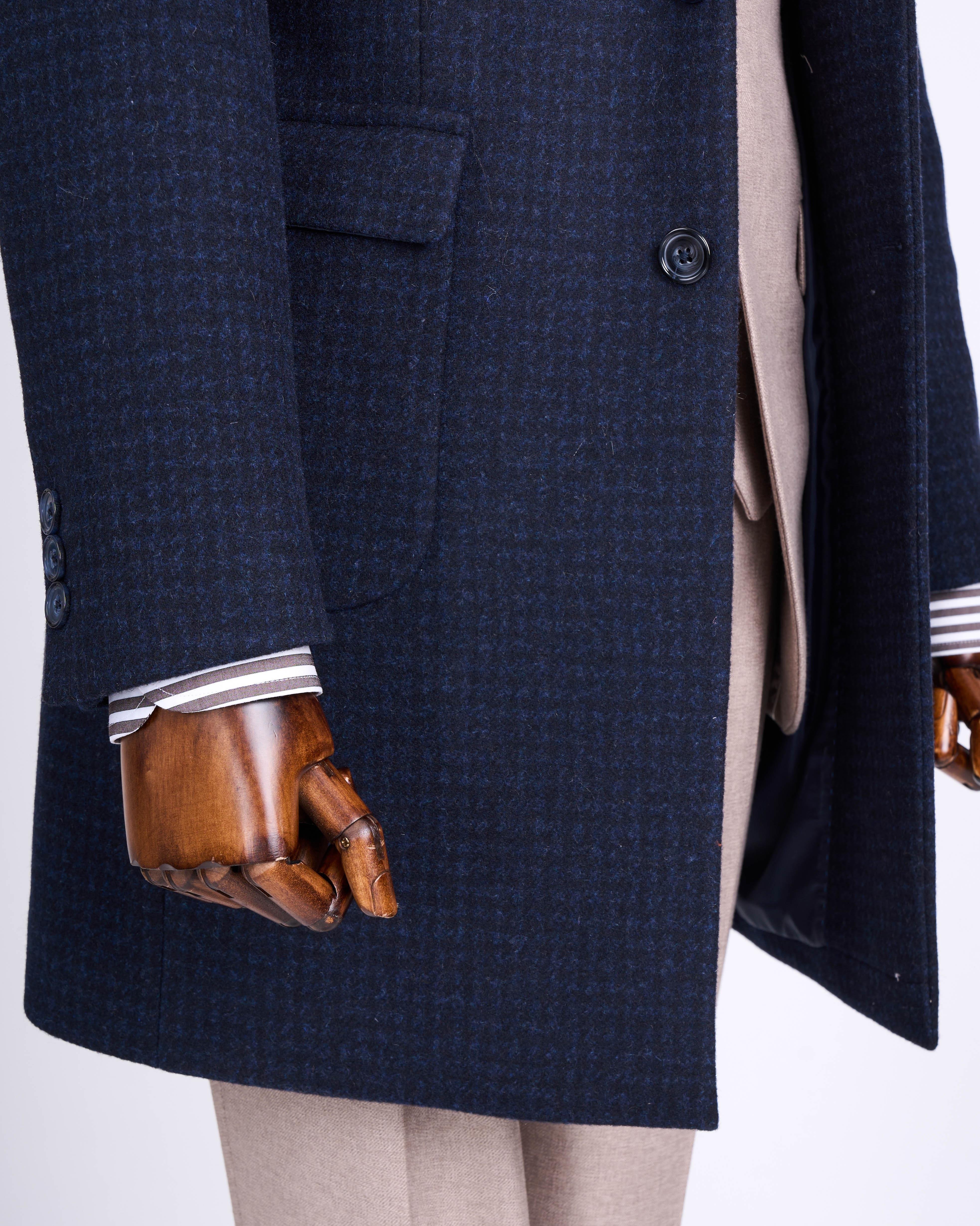 İtalyan stil slim fit sivri yaka yün karışımlı kaşe erkek kaban lacivert T13442