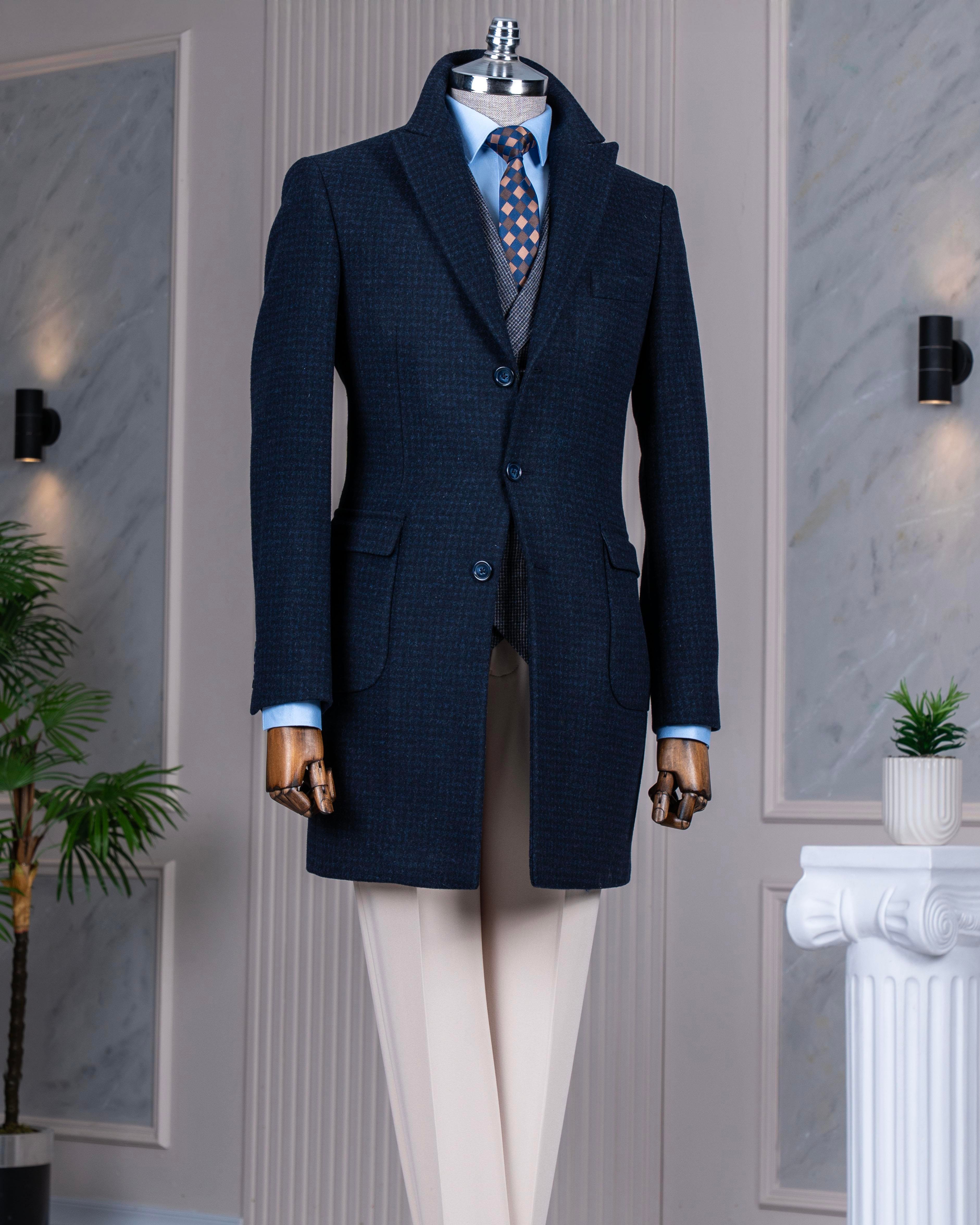 İtalyan stil slim fit sivri yaka yün karışımlı kaşe erkek kaban lacivert T13442