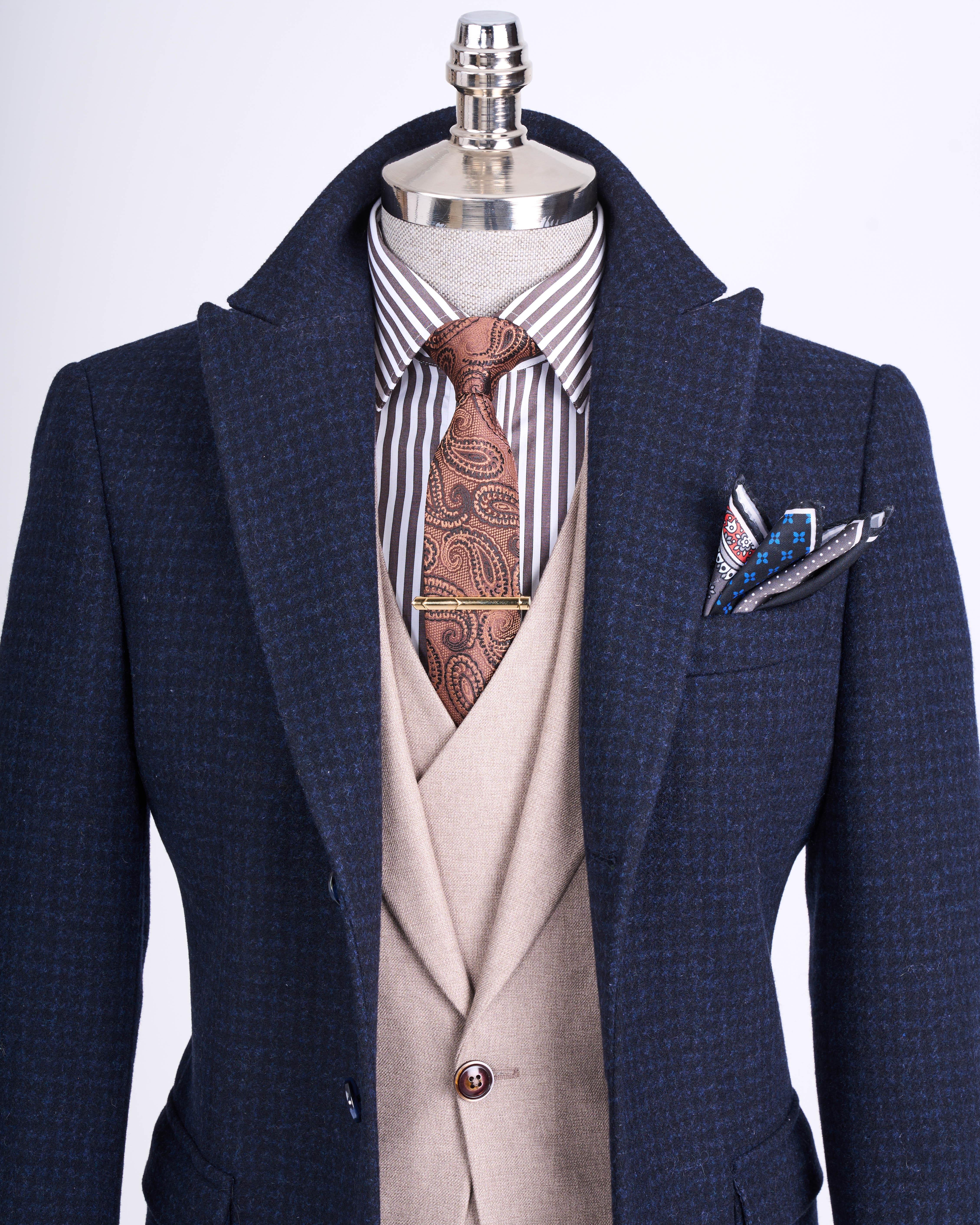 İtalyan stil slim fit sivri yaka yün karışımlı kaşe erkek kaban lacivert T13442