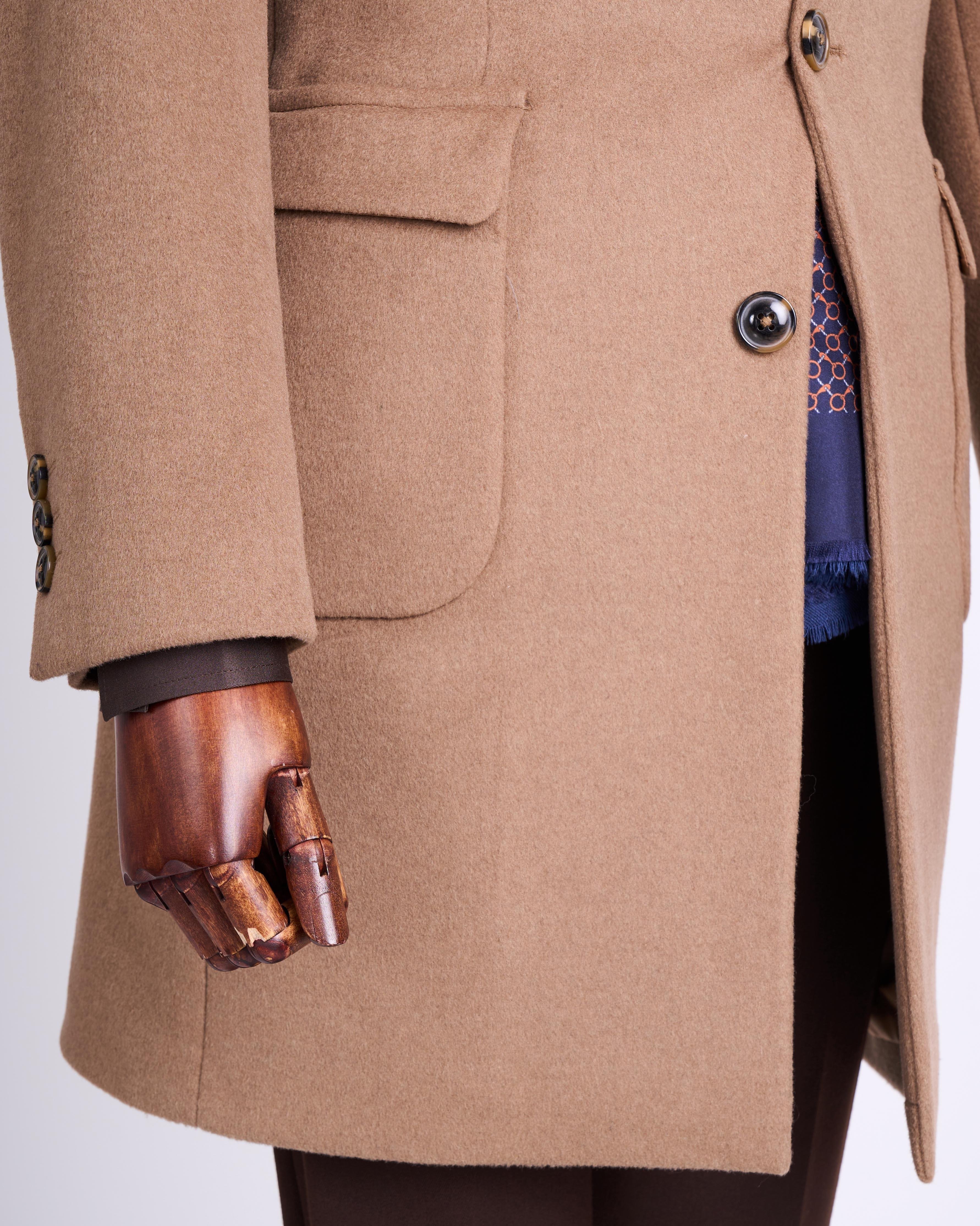 İtalyan stil slim fit sivri yaka yün karışımlı kaşe erkek kaban camel T13447