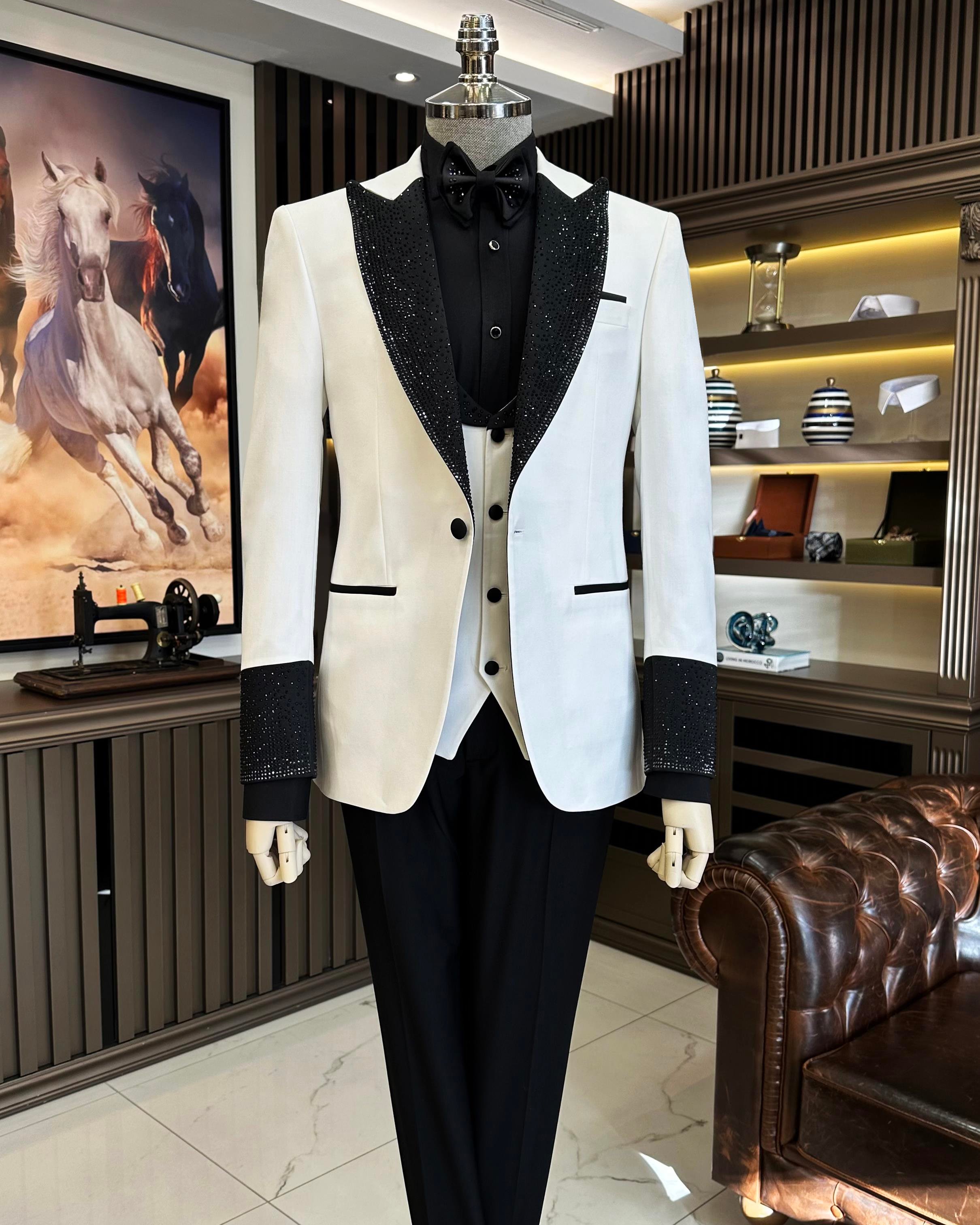 İtalyan stil slim fit taş işlemeli ceket yelek pantolon damatlık set beyaz T11598