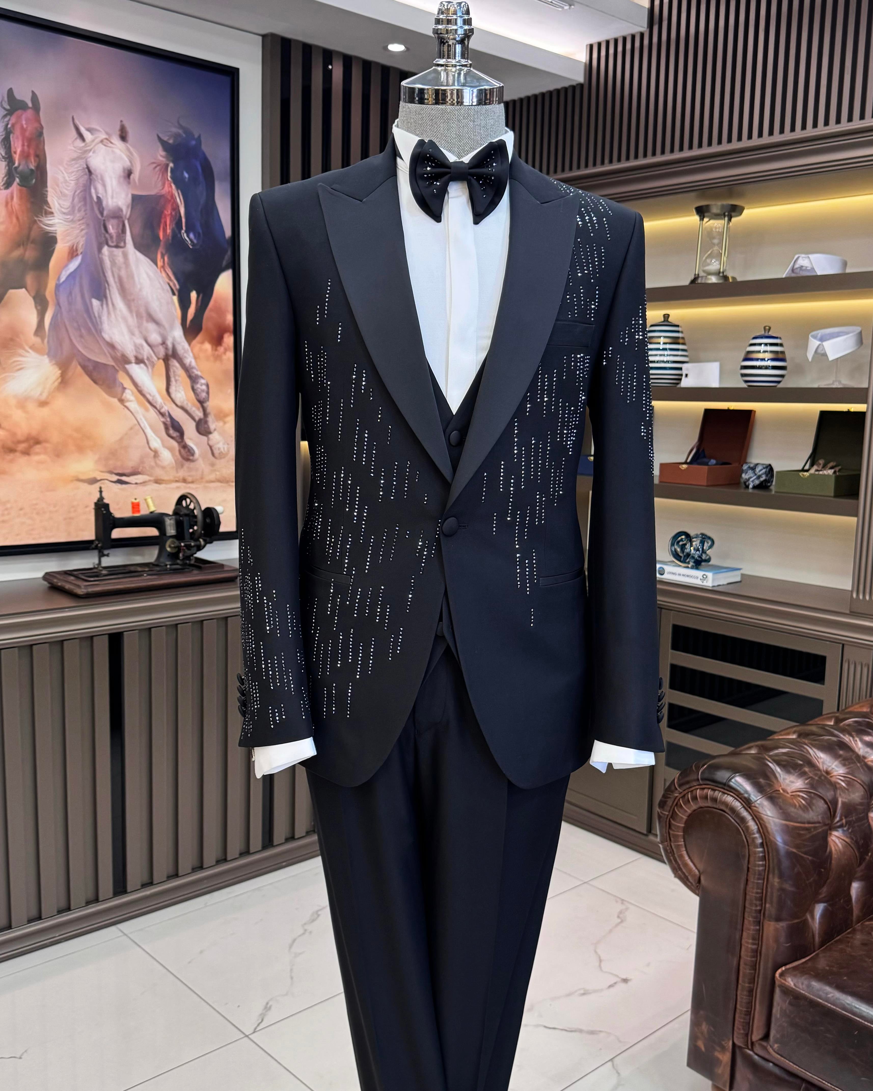 İtalyan stil slim fit taş işlemeli ceket yelek pantolon damatlık set siyah T11592