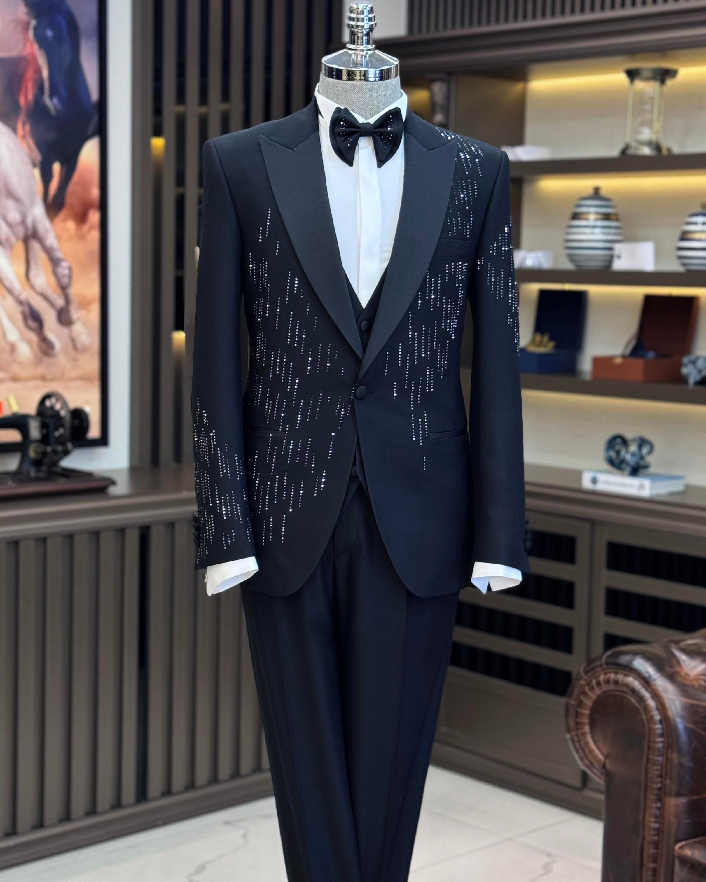 İtalyan stil slim fit taş işlemeli ceket yelek pantolon damatlık set siyah T11592