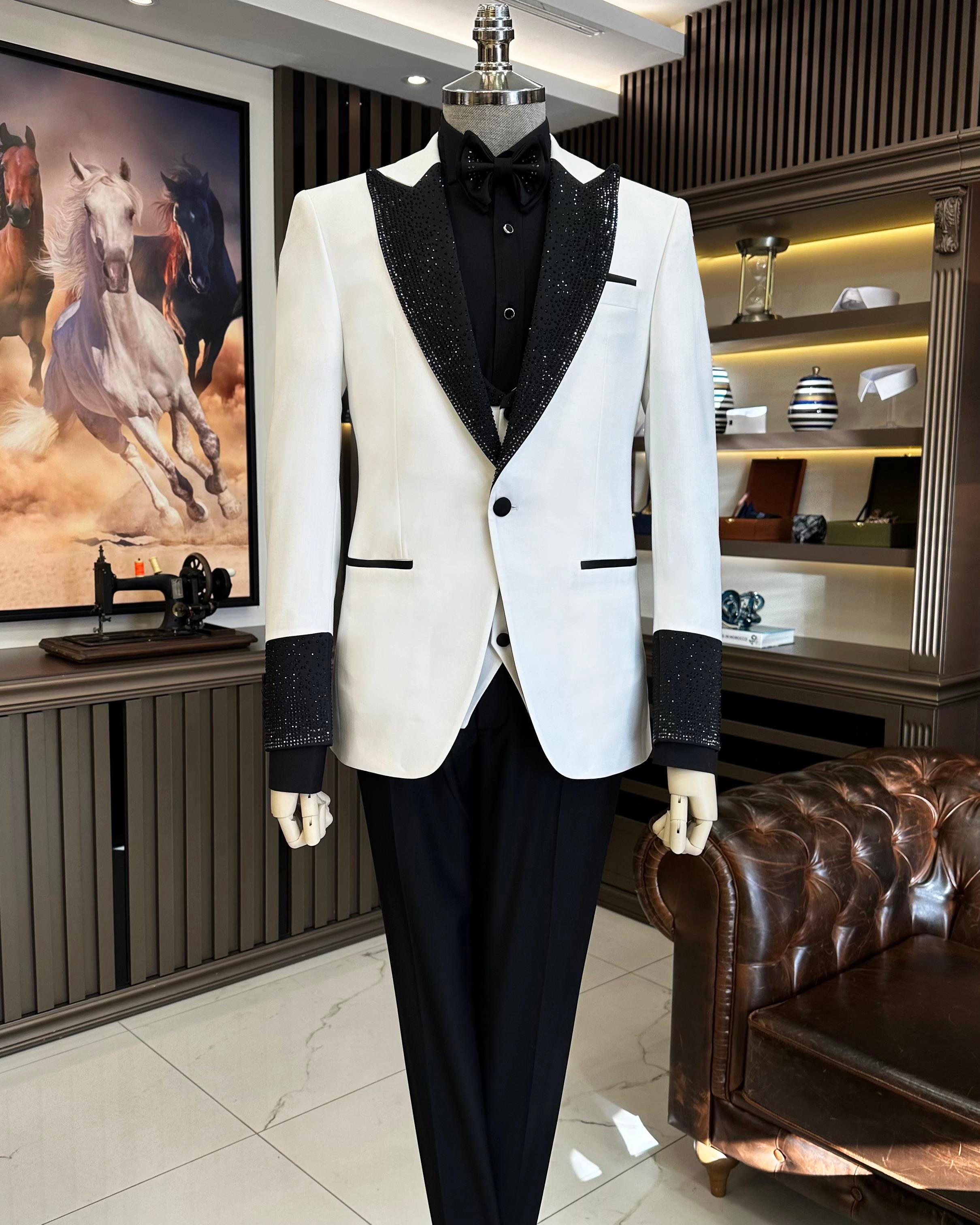 İtalyan stil slim fit taş işlemeli ceket yelek pantolon damatlık set beyaz T11598
