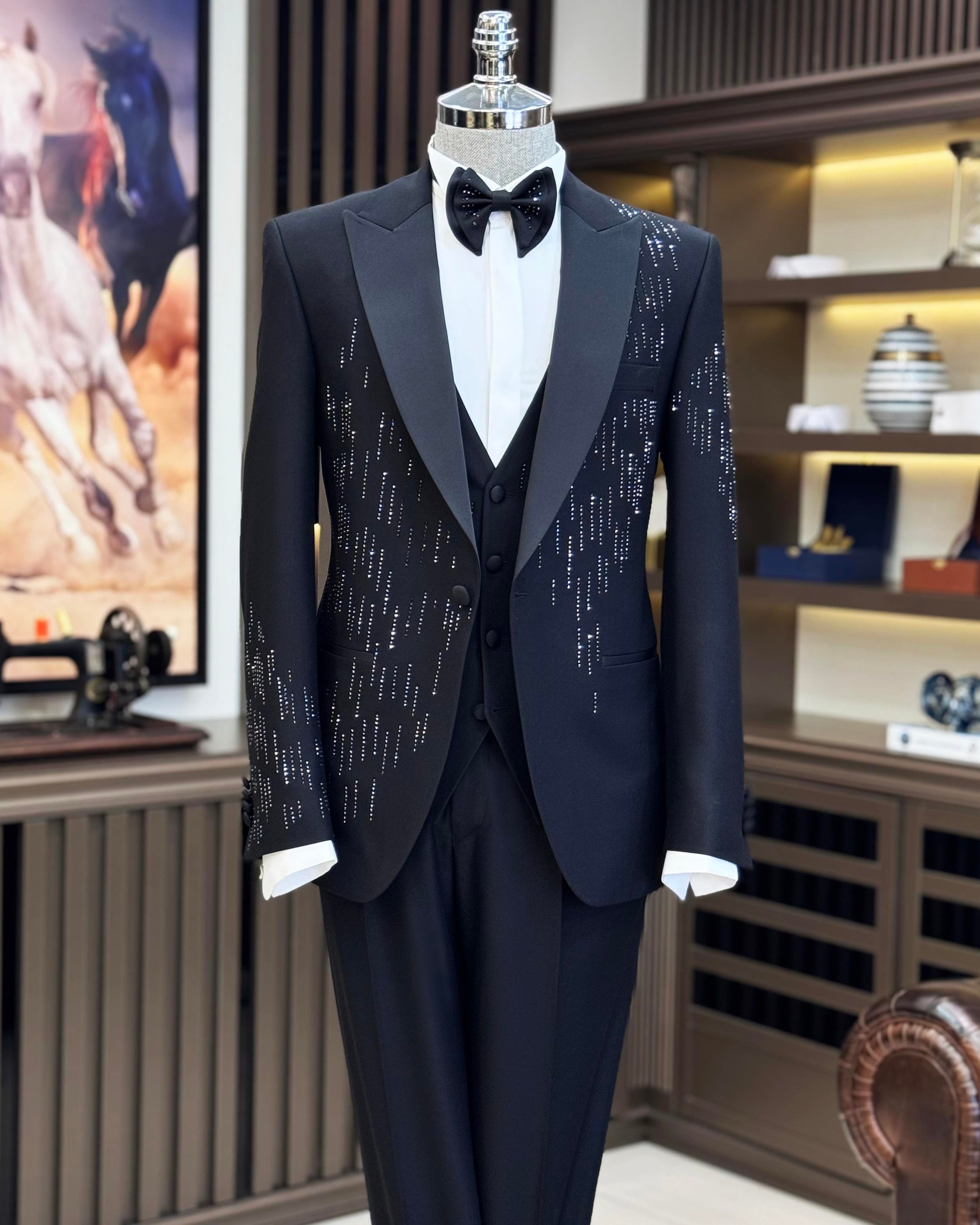 İtalyan stil slim fit taş işlemeli ceket yelek pantolon damatlık set siyah T11592