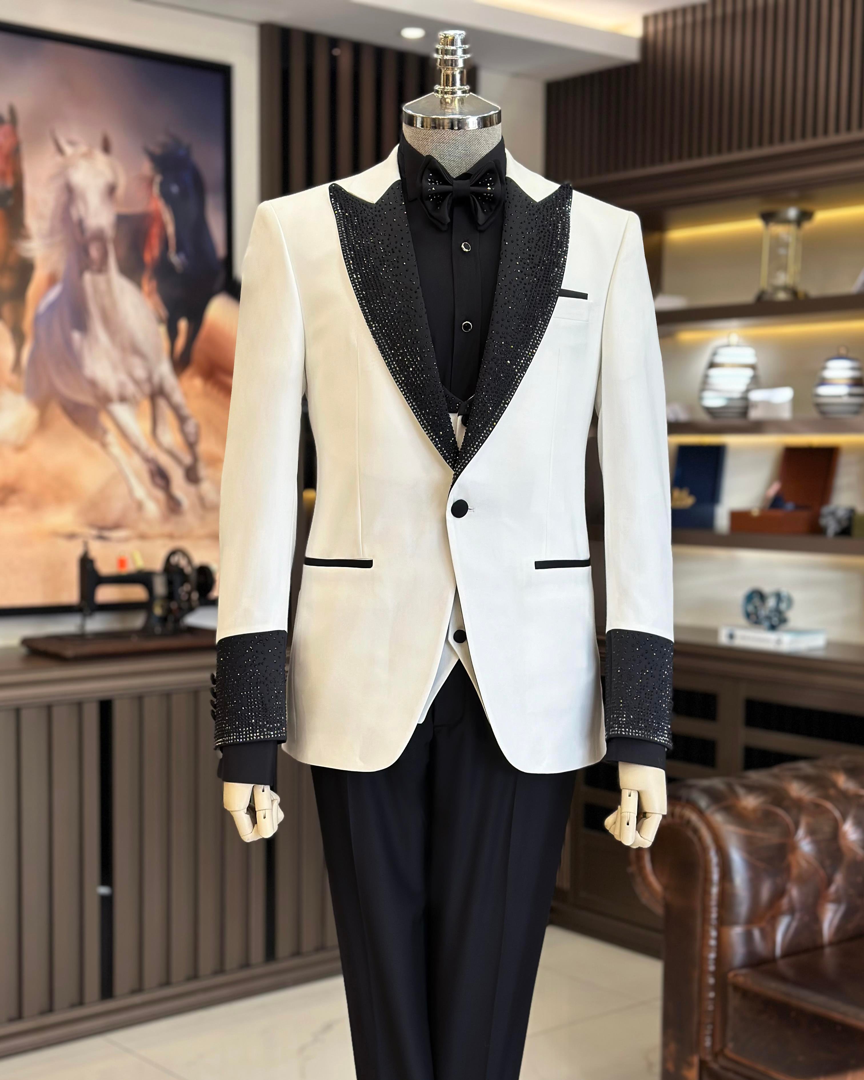 İtalyan stil slim fit taş işlemeli ceket yelek pantolon damatlık set beyaz T11598