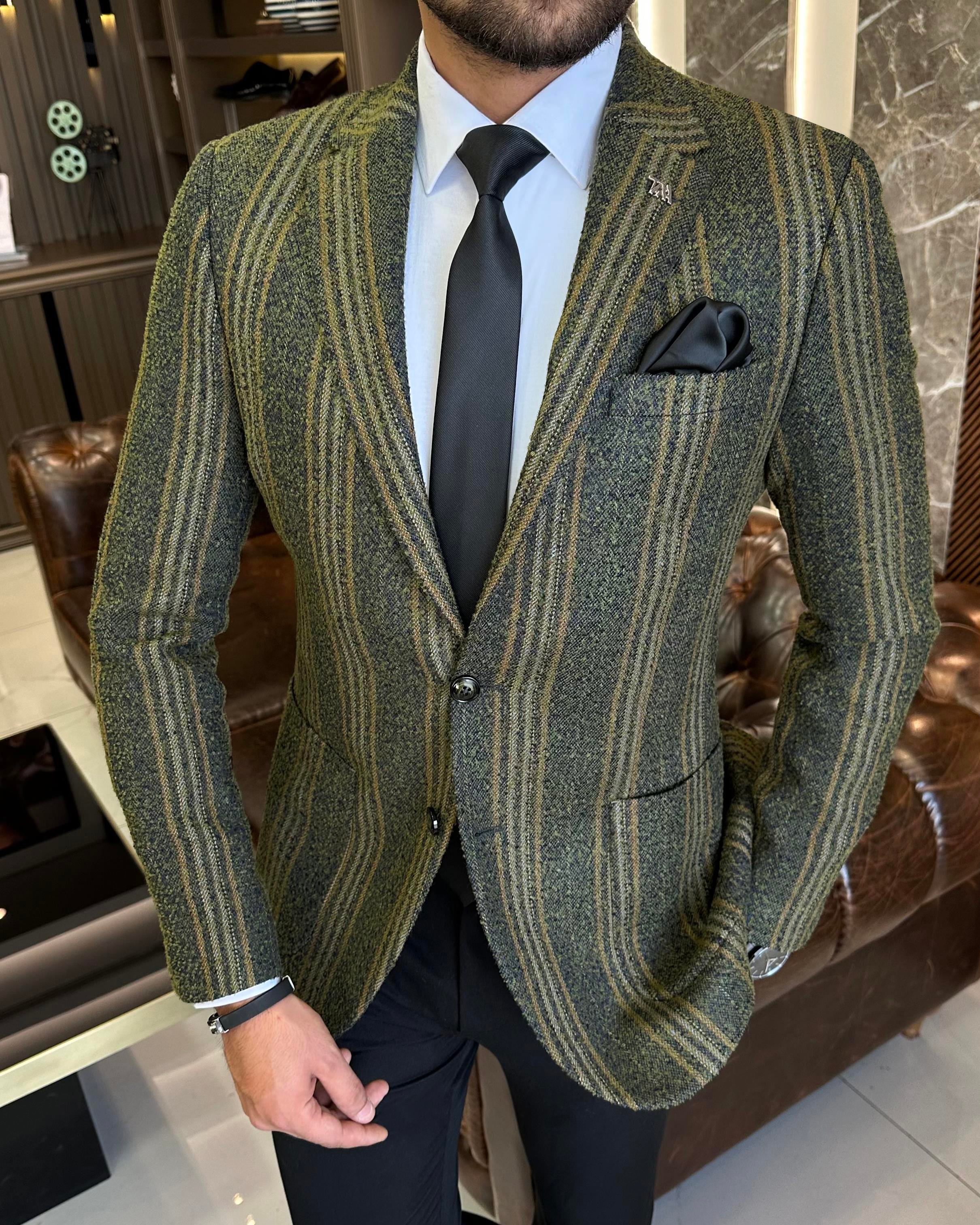 İtalyan stil slim fit torba cep ekose erkek ceket yeşil T10288