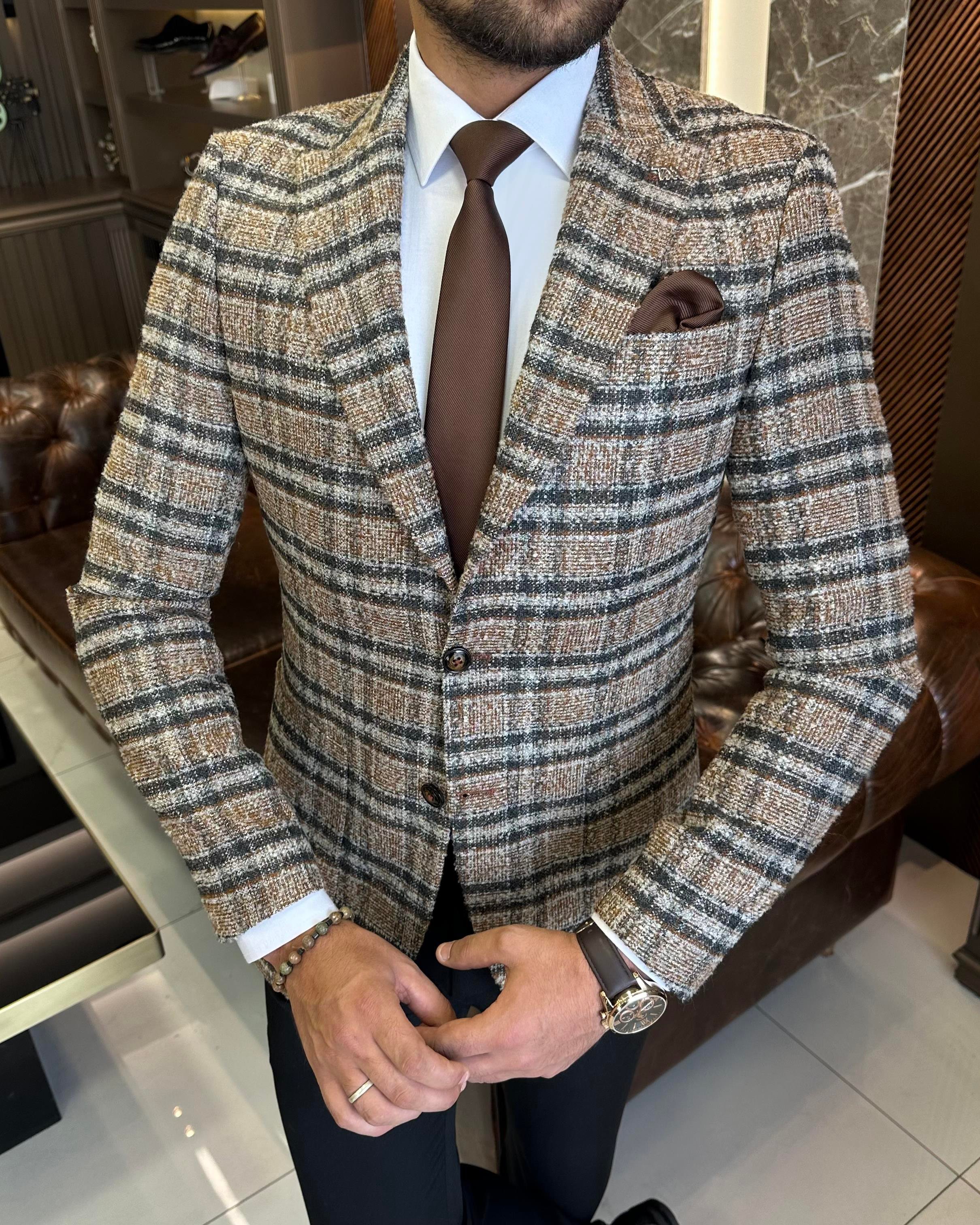 İtalyan stil slim fit torba cep ekose erkek ceket antrasit T10290