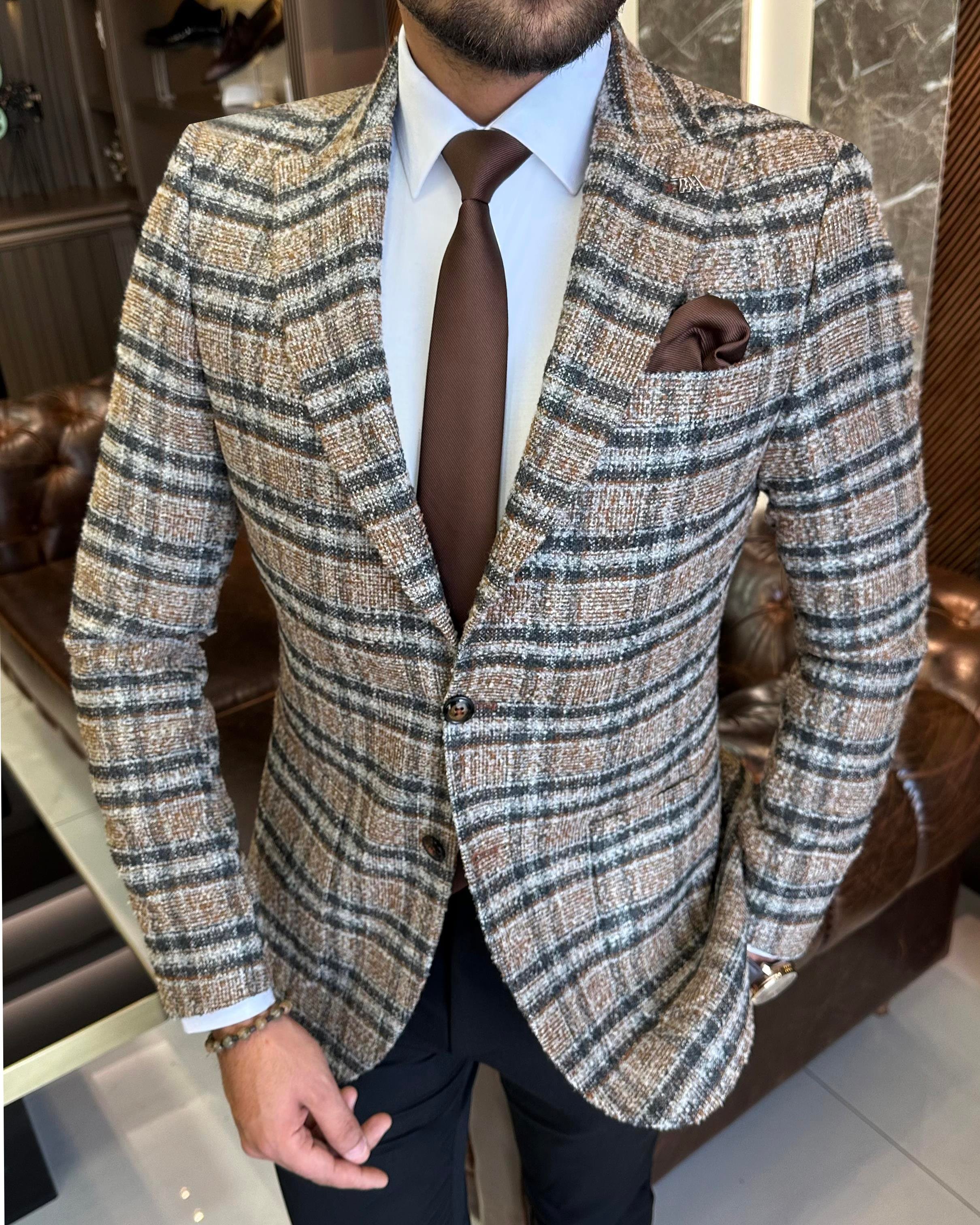 İtalyan stil slim fit torba cep ekose erkek ceket antrasit T10290