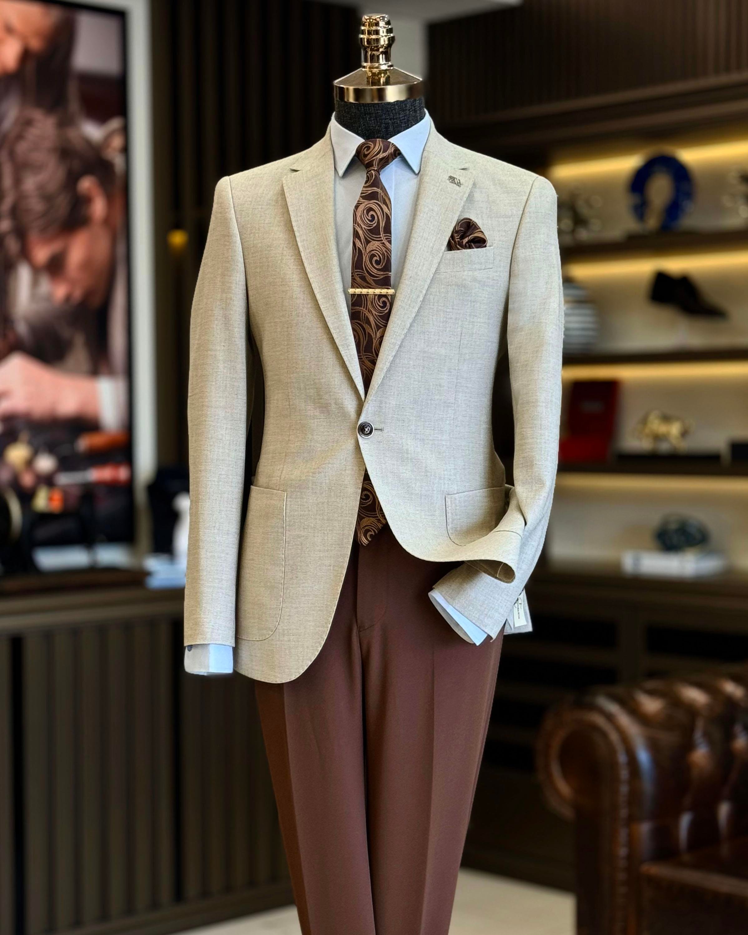 İtalyan stil slim fit torba cep erkek ceket kahverengi T12233