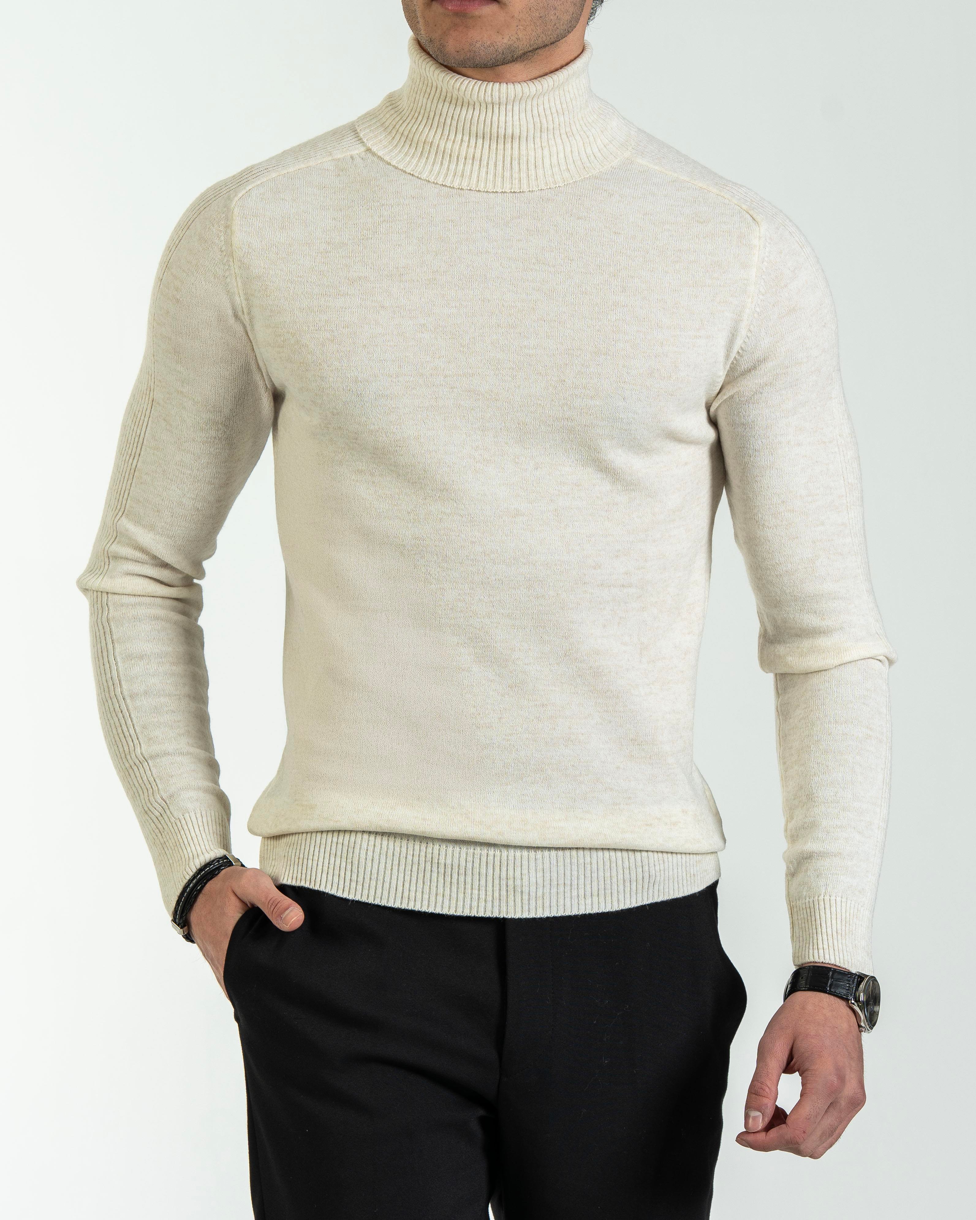 İtalyan stil slim fit triko balıkçı yaka boğazlı kazak ekru T13094