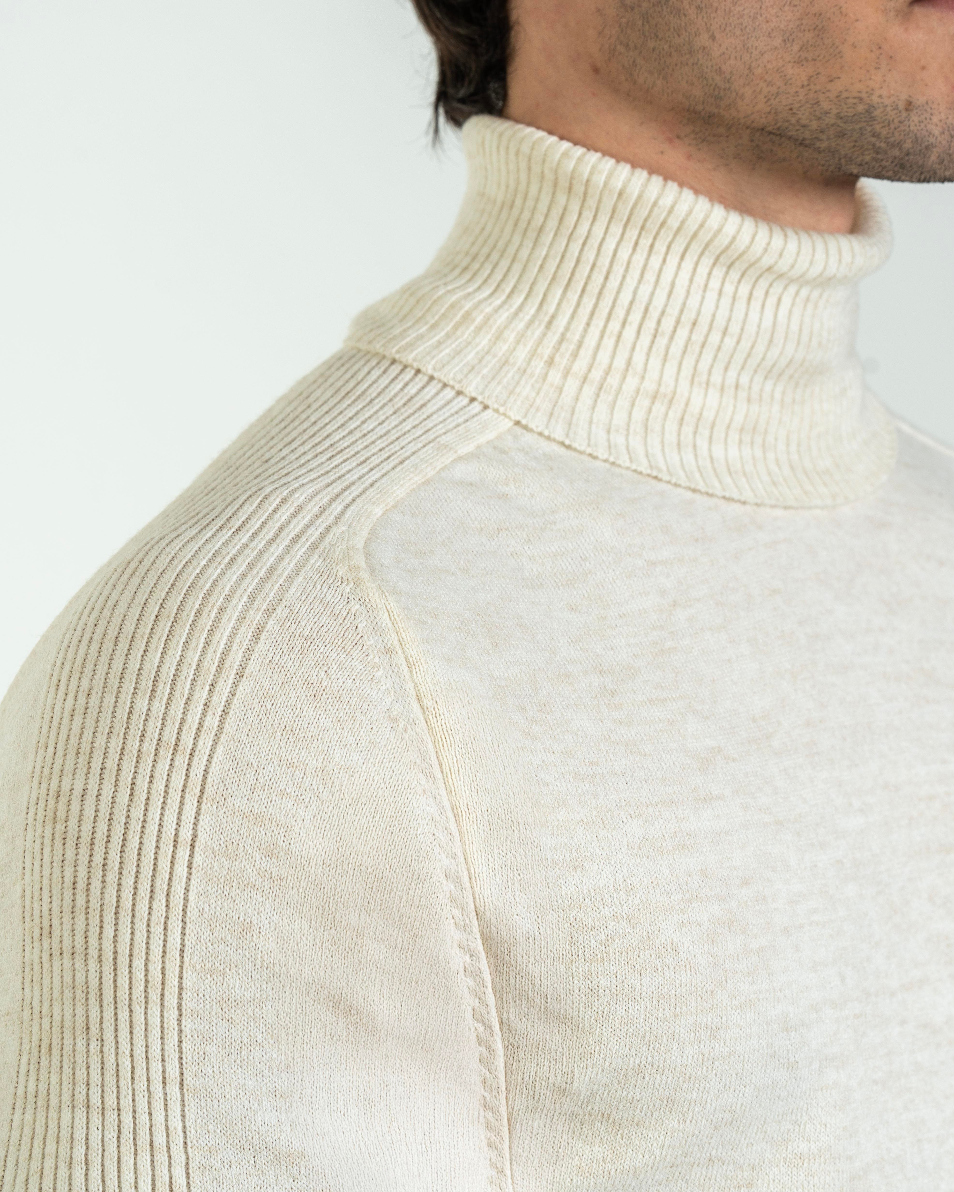 İtalyan stil slim fit triko balıkçı yaka boğazlı kazak ekru T13094