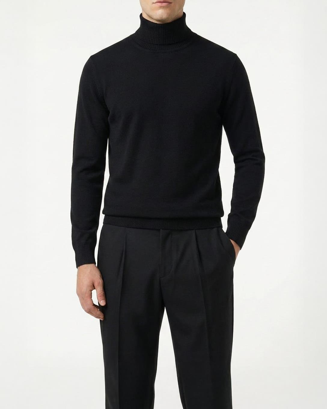 İtalyan stil slim fit triko balıkçı yaka boğazlı kazak siyah T13098