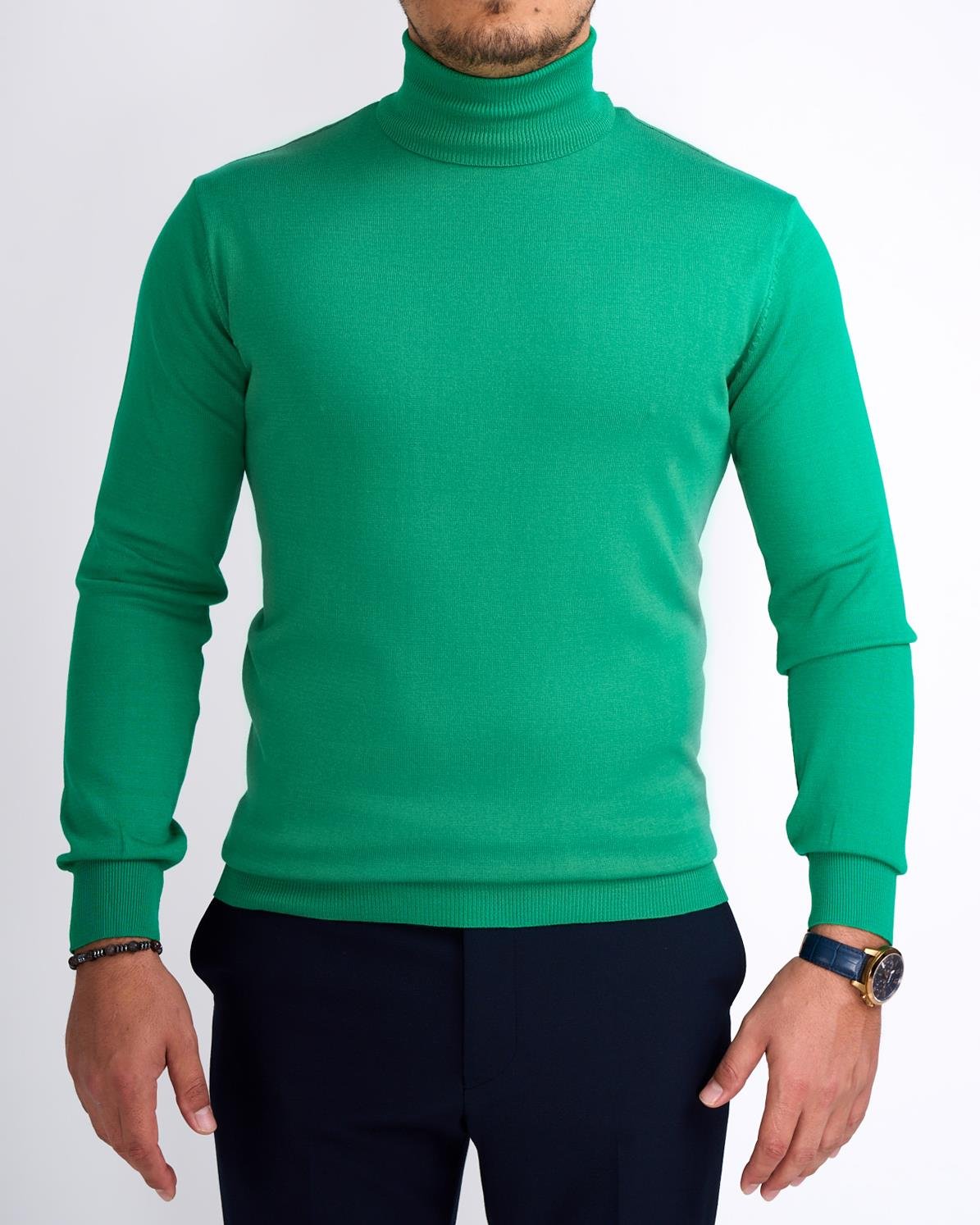 İtalyan stil slim fit triko balıkçı yaka boğazlı kazak yeşil T13100