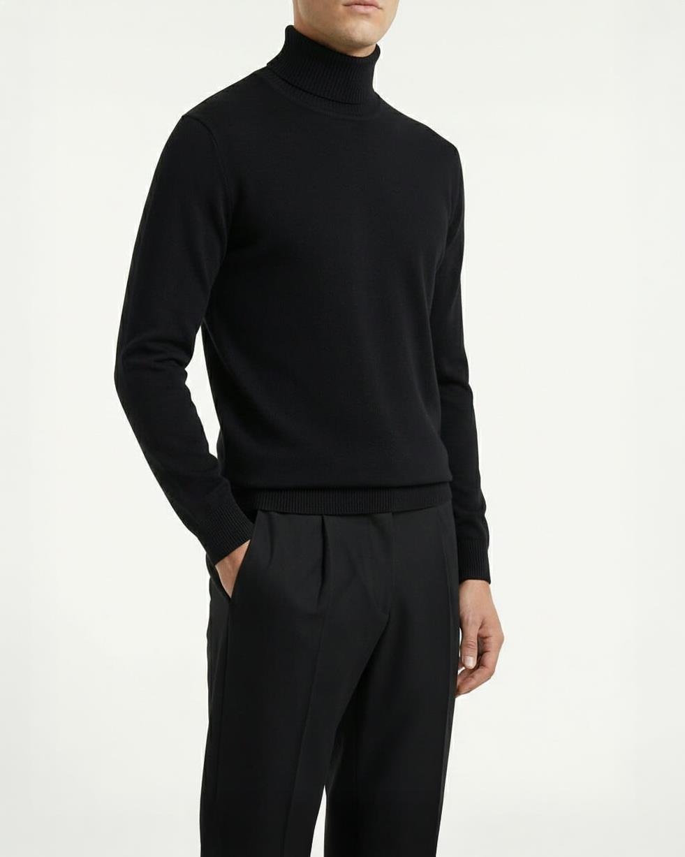 İtalyan stil slim fit triko balıkçı yaka boğazlı kazak siyah T13098