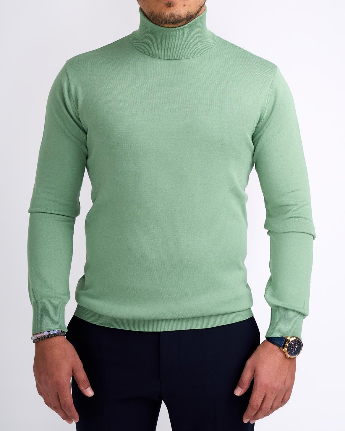 İtalyan stil slim fit triko balıkçı yaka boğazlı kazak yeşil T13102