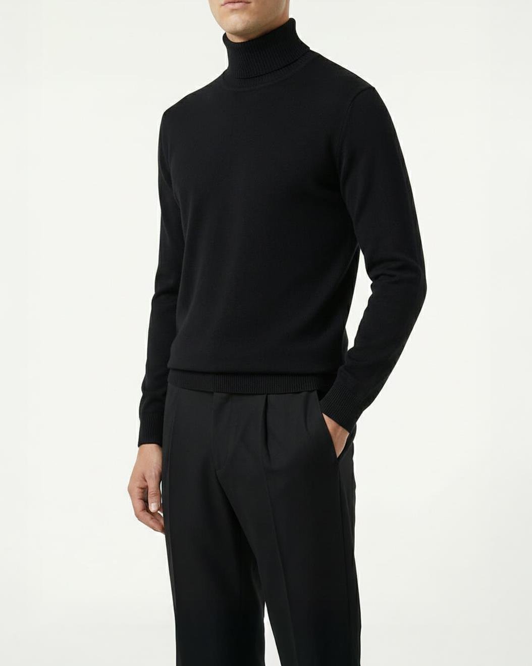 İtalyan stil slim fit triko balıkçı yaka boğazlı kazak siyah T13098