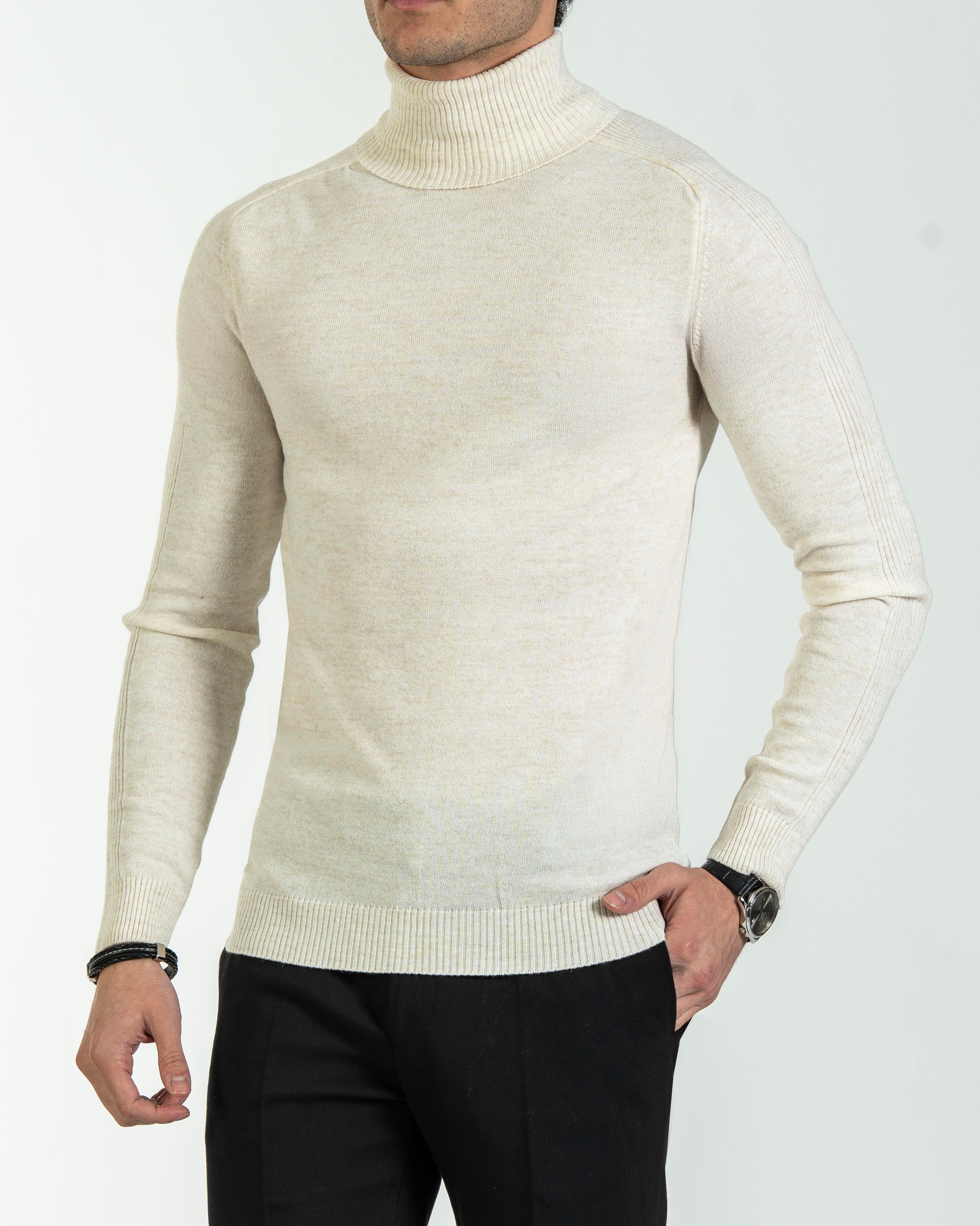 İtalyan stil slim fit triko balıkçı yaka boğazlı kazak ekru T13094