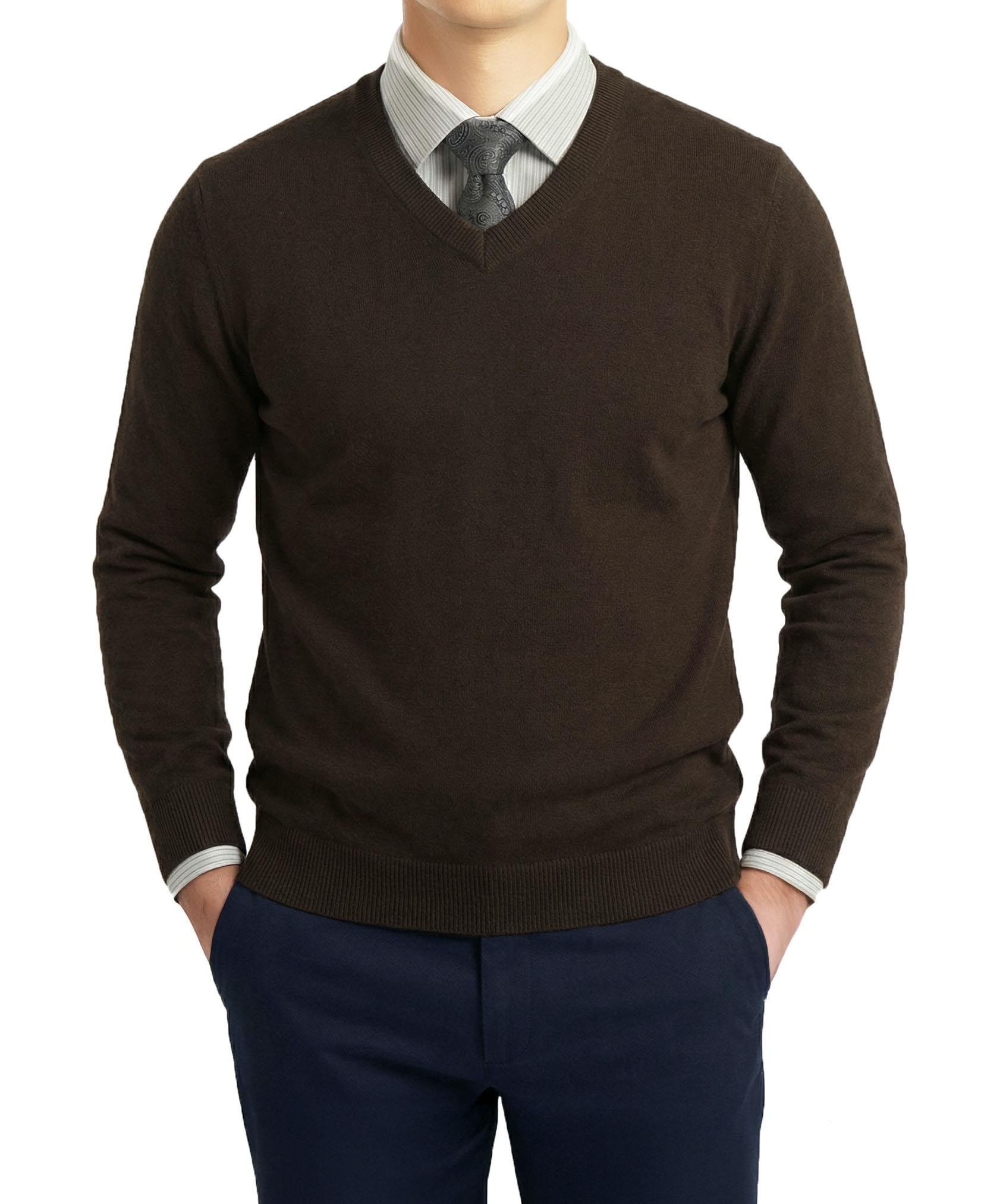 İtalyan stil slim fit V yaka triko erkek kazak kahverengi T10186