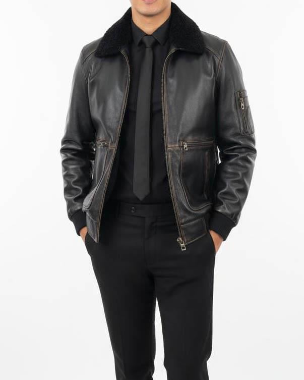 İtalyan stil slim fit yakası kürklü fermuarlı deri erkek mont siyah T15079