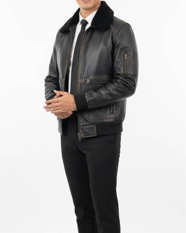 İtalyan stil slim fit yakası kürklü fermuarlı deri erkek mont siyah T15079